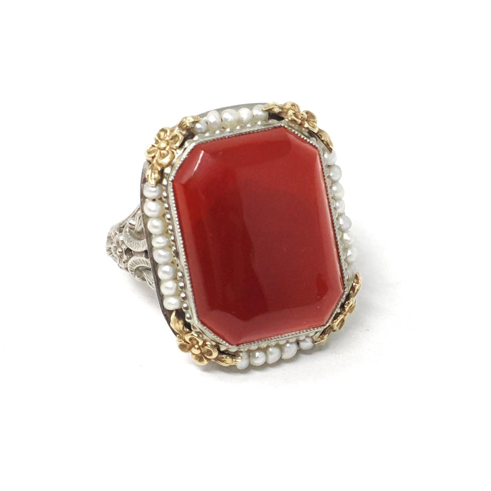 Art Deco Ring - Vintage 14k White Gold Natural Red Carnelian & Seed Pearl Halo - Circa 1930s Size 5 Two Tone Floral Filigree Fine Jewelry