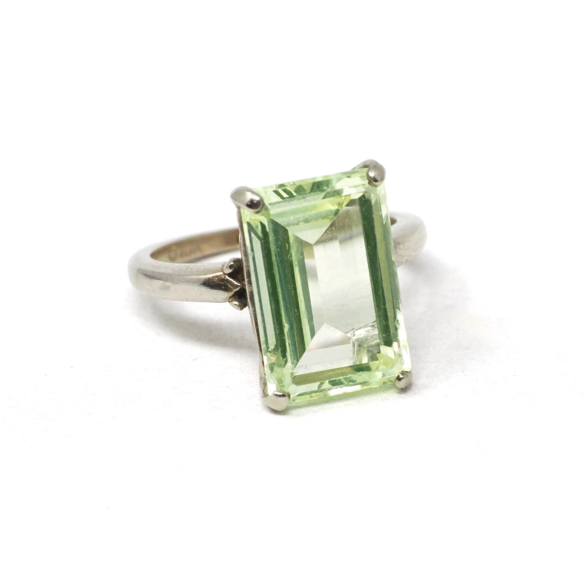 Created Spinel Ring - Retro 10k White Gold Emerald Cut Green Stone - Vintage Circa 1960s Era Size 3 Statement Fine August Birthstone Jewelry