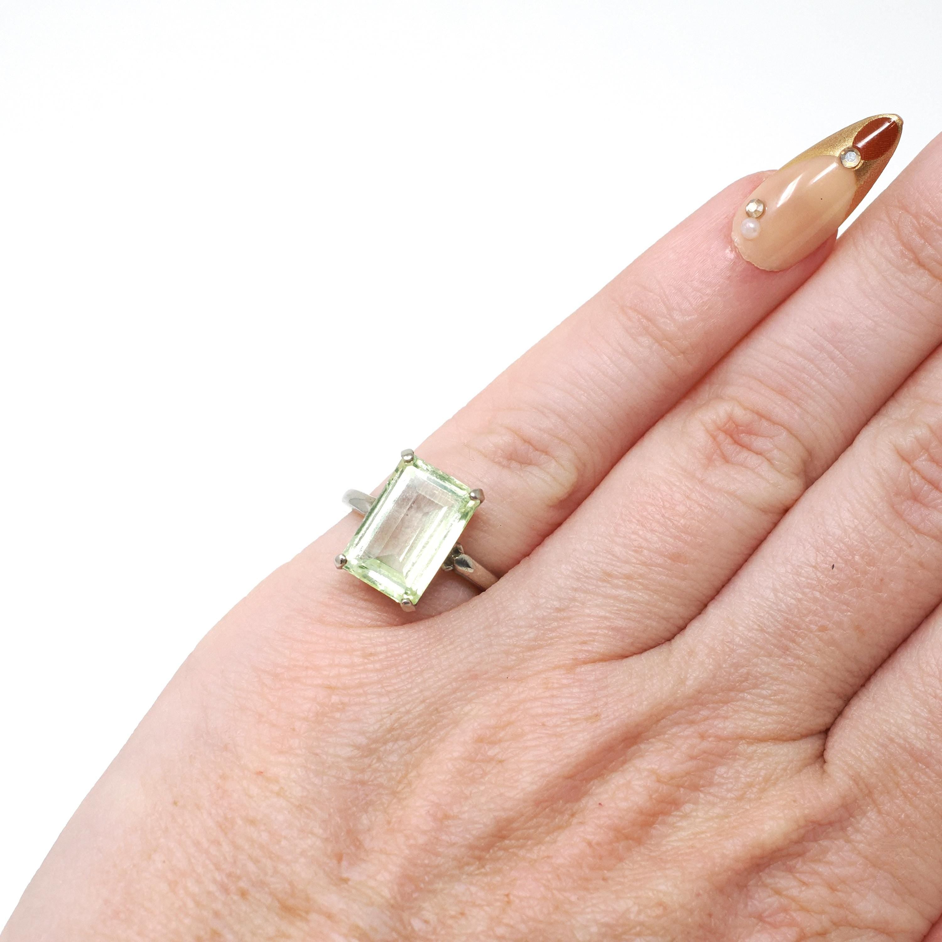 Created Spinel Ring - Retro 10k White Gold Emerald Cut Green Stone - Vintage Circa 1960s Era Size 3 Statement Fine August Birthstone Jewelry