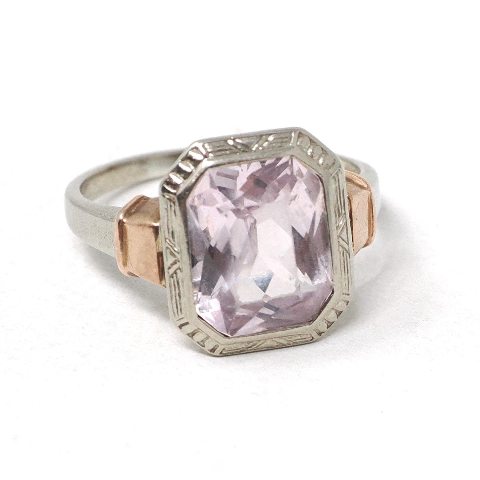 Created Spinel Ring - Vintage 10k White & Rose Gold Pink Faceted Gemstone - Art Deco Circa 1930s Size 5 1/4 Two Tone Fine Statement Jewelry