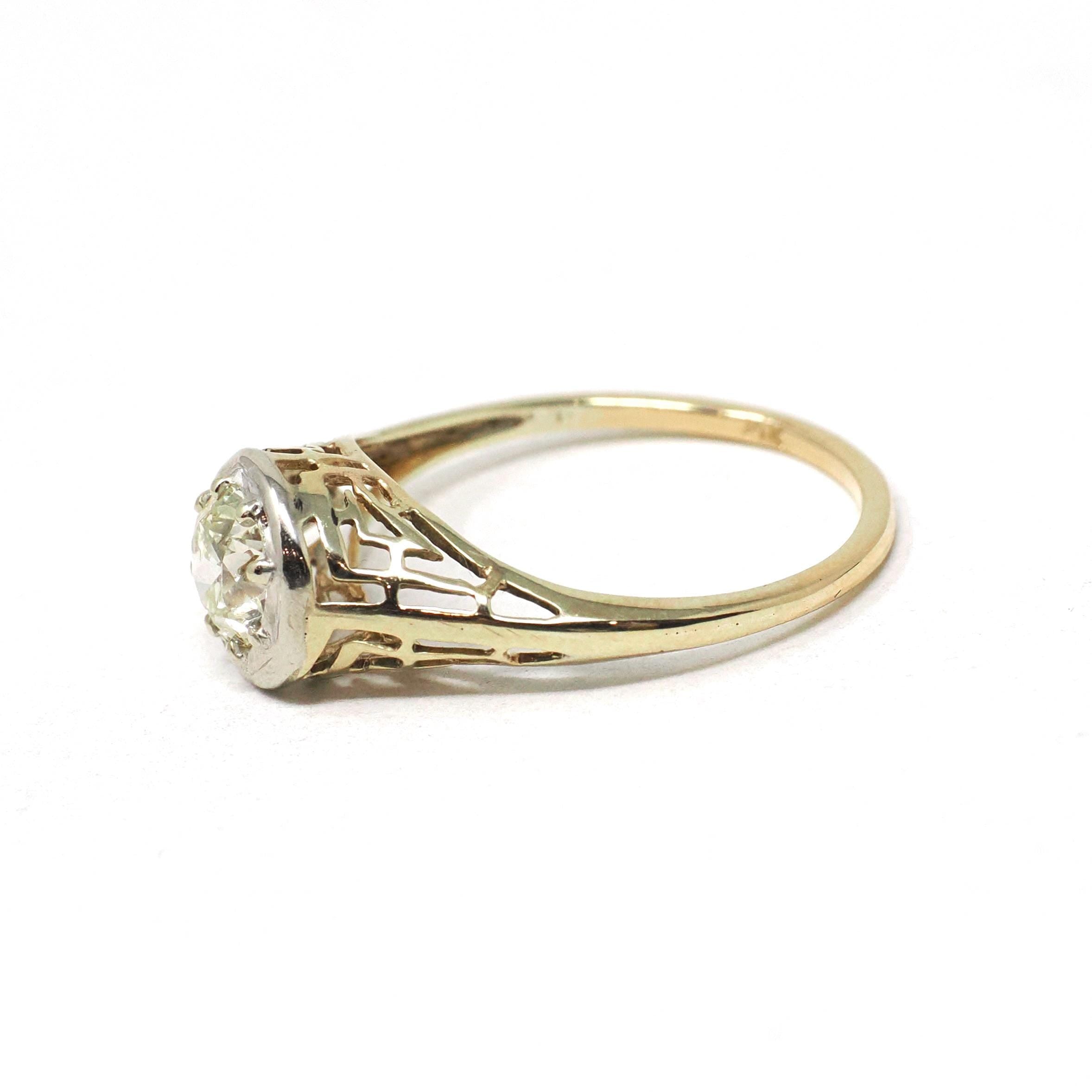 Art Deco Engagement Ring - Vintage 14k Yellow & White Gold Filigree 0.67 CT Old European Diamond - Circa 1930s Era Size 6 1/2 Fine Jewelry