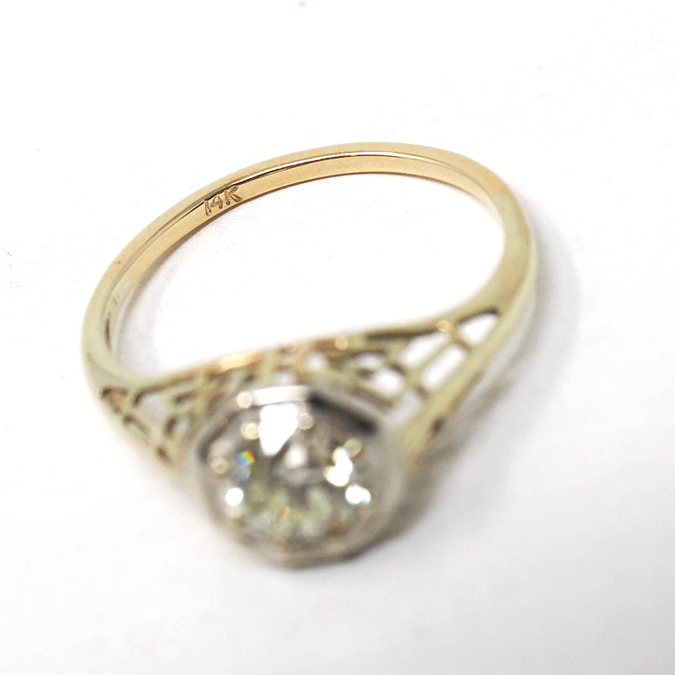 Art Deco Engagement Ring - Vintage 14k Yellow & White Gold Filigree 0.67 CT Old European Diamond - Circa 1930s Era Size 6 1/2 Fine Jewelry