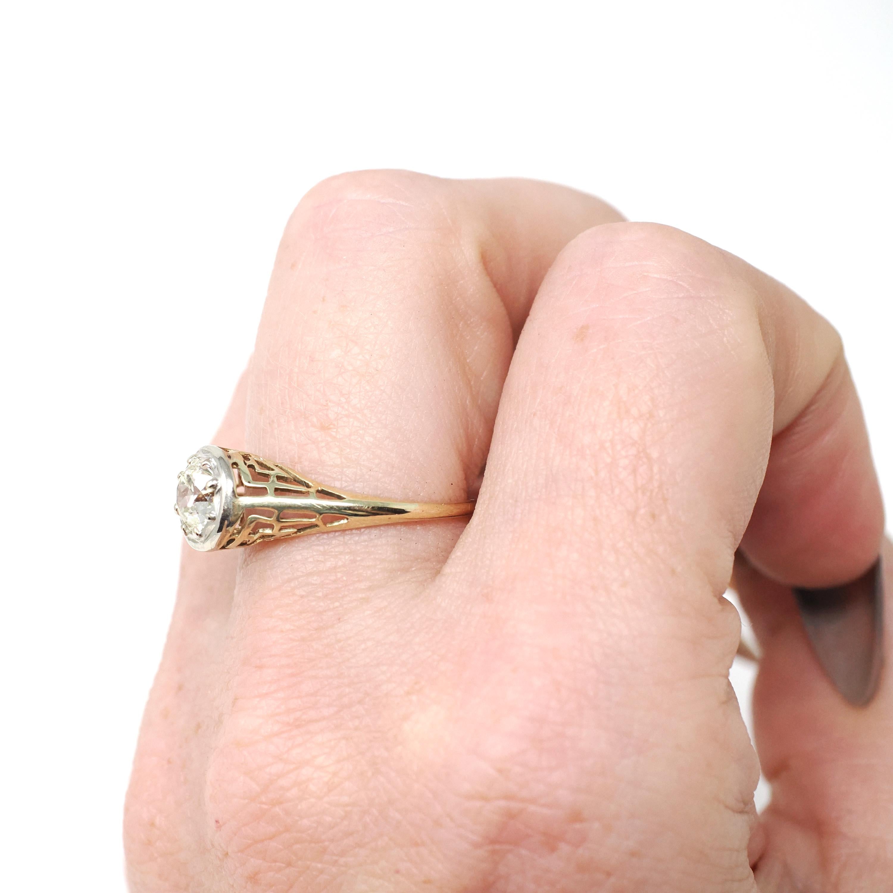 Art Deco Engagement Ring - Vintage 14k Yellow & White Gold Filigree 0.67 CT Old European Diamond - Circa 1930s Era Size 6 1/2 Fine Jewelry