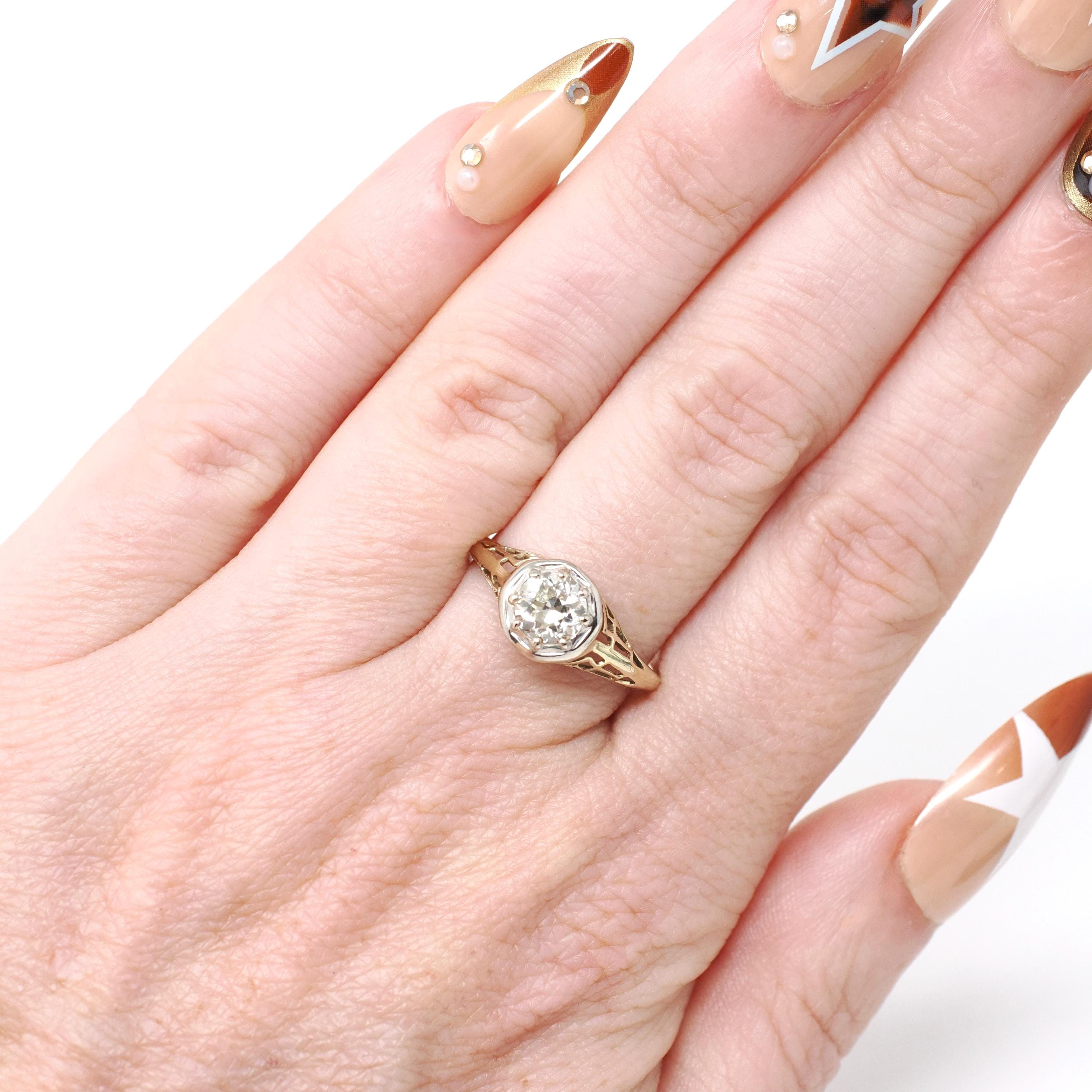 Art Deco Engagement Ring - Vintage 14k Yellow & White Gold Filigree 0.67 CT Old European Diamond - Circa 1930s Era Size 6 1/2 Fine Jewelry