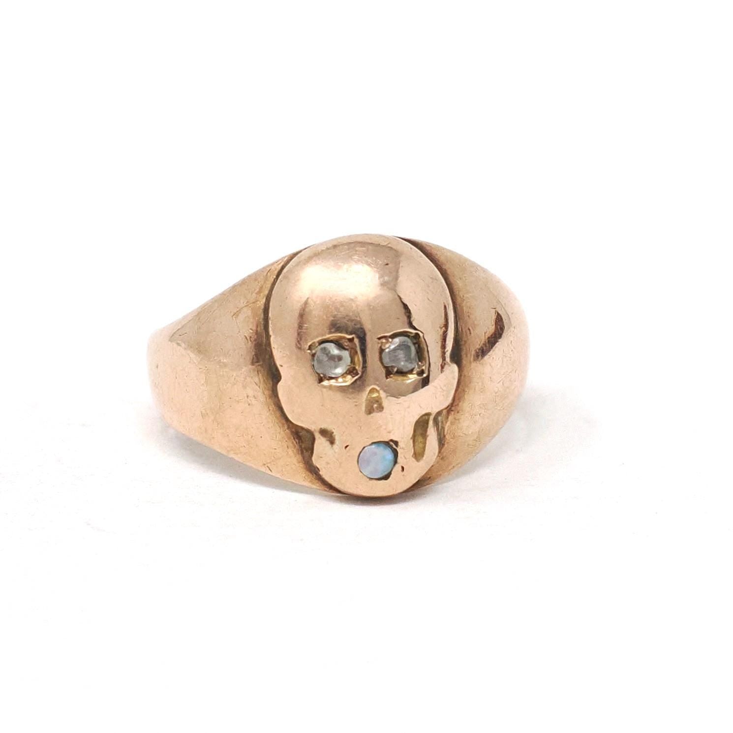 Skull Signet Ring - Antique 10k Rose Gold Natural Diamond & Opal Gemstones - Victorian Circa 1890s Era Size 3 1/2 Fine Statement Jewelry