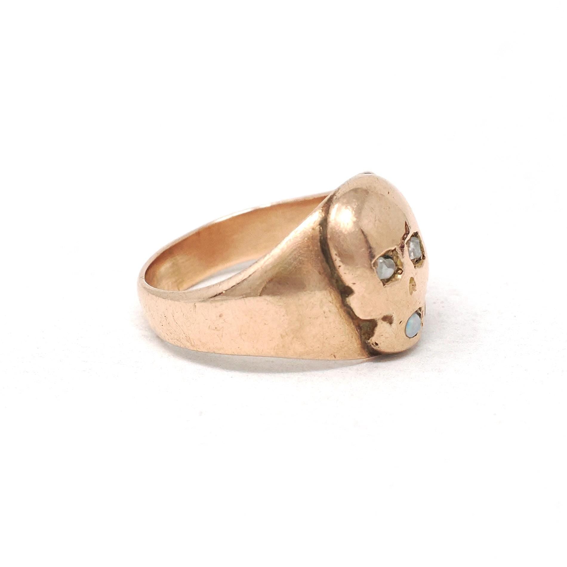 Skull Signet Ring - Antique 10k Rose Gold Natural Diamond & Opal Gemstones - Victorian Circa 1890s Era Size 3 1/2 Fine Statement Jewelry
