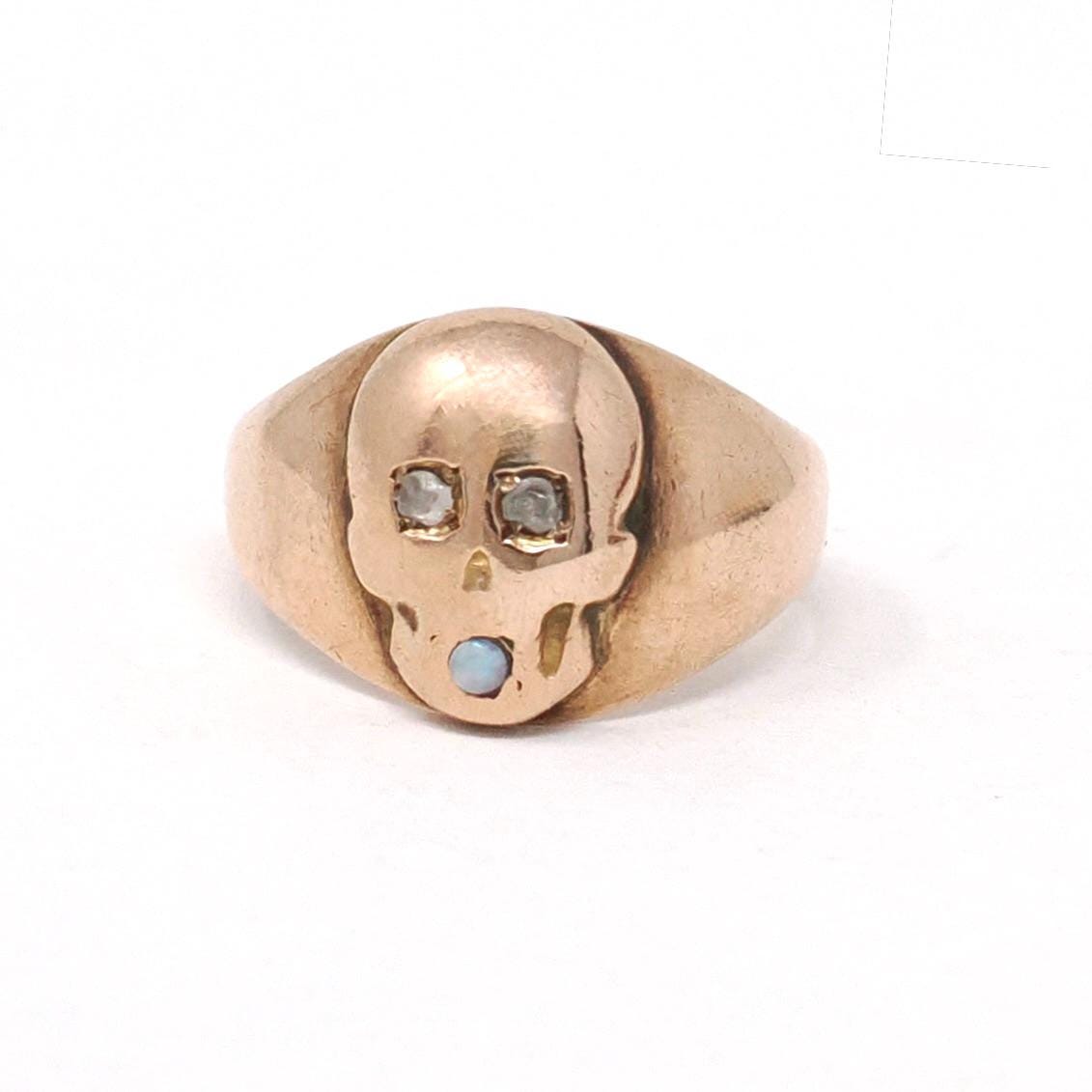 Skull Signet Ring - Antique 10k Rose Gold Natural Diamond & Opal Gemstones - Victorian Circa 1890s Era Size 3 1/2 Fine Statement Jewelry
