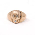 Skull Signet Ring - Antique 10k Rose Gold Natural Diamond & Opal Gemstones - Victorian Circa 1890s Era Size 3 1/2 Fine Statement Jewelry