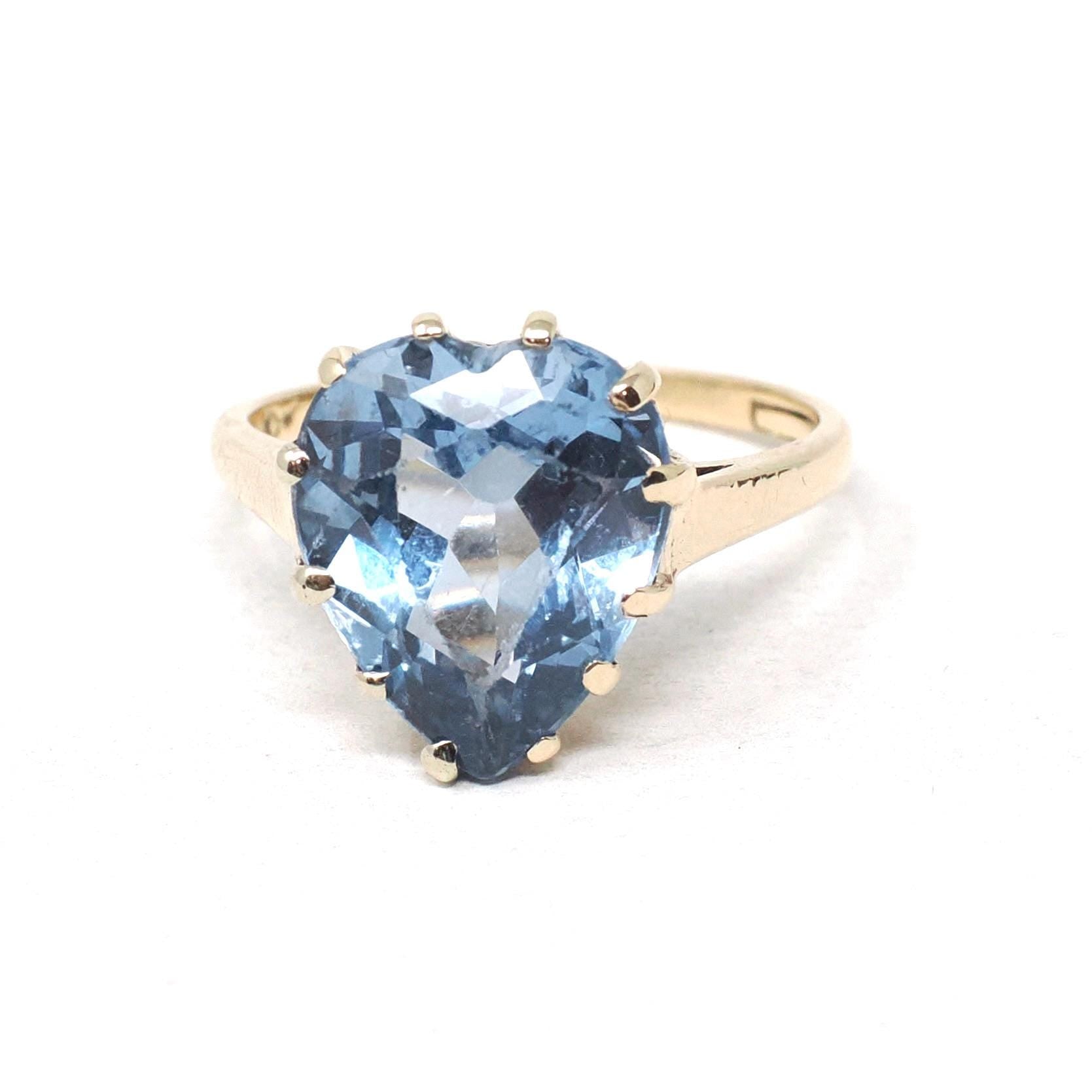 Vintage Heart Ring - Mid Century 10k Yellow Gold Created Blue Spinel Gemstone - Circa 1940s Era Size 6 1/2 Statement Love Fine Jewelry