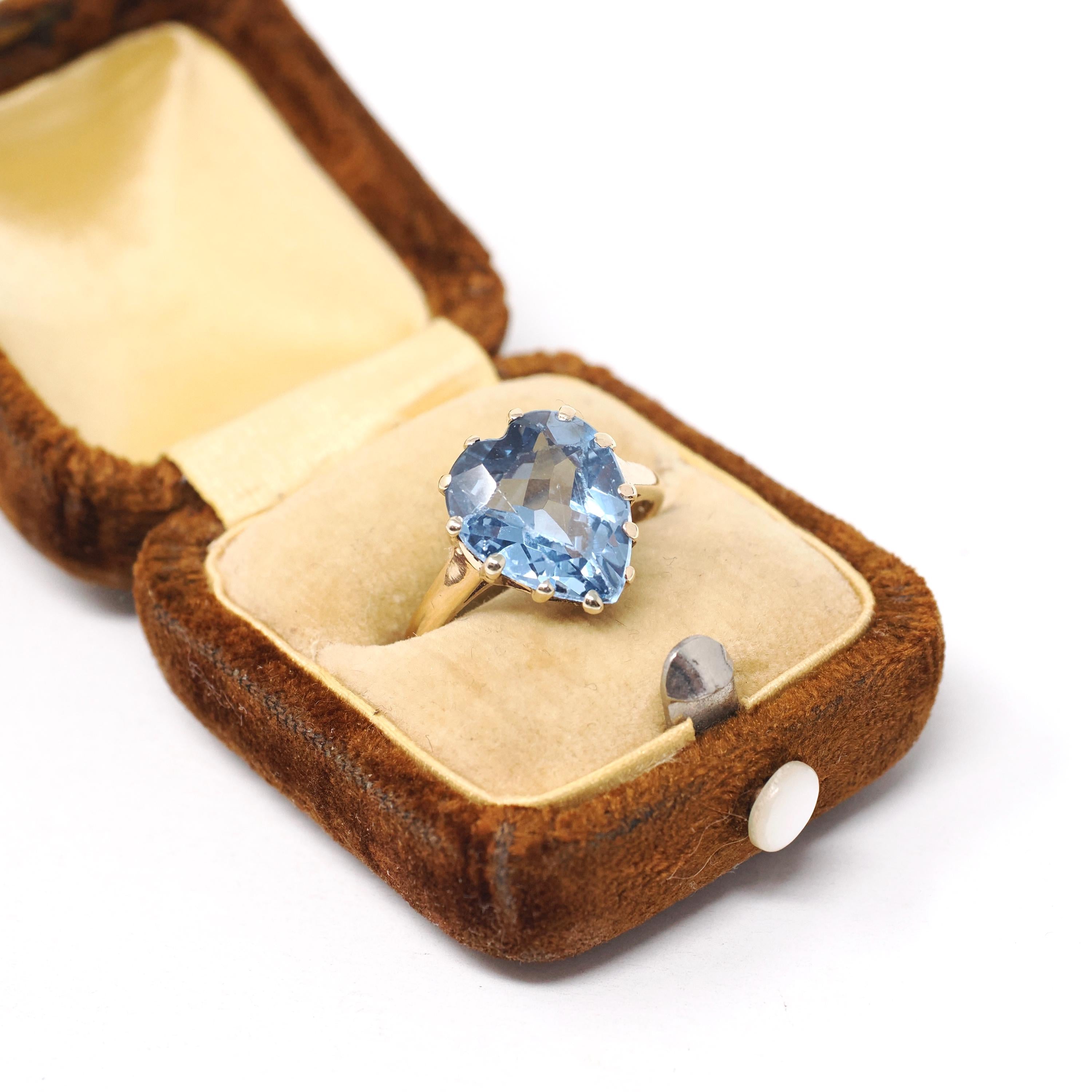 Vintage Heart Ring - Mid Century 10k Yellow Gold Created Blue Spinel Gemstone - Circa 1940s Era Size 6 1/2 Statement Love Fine Jewelry