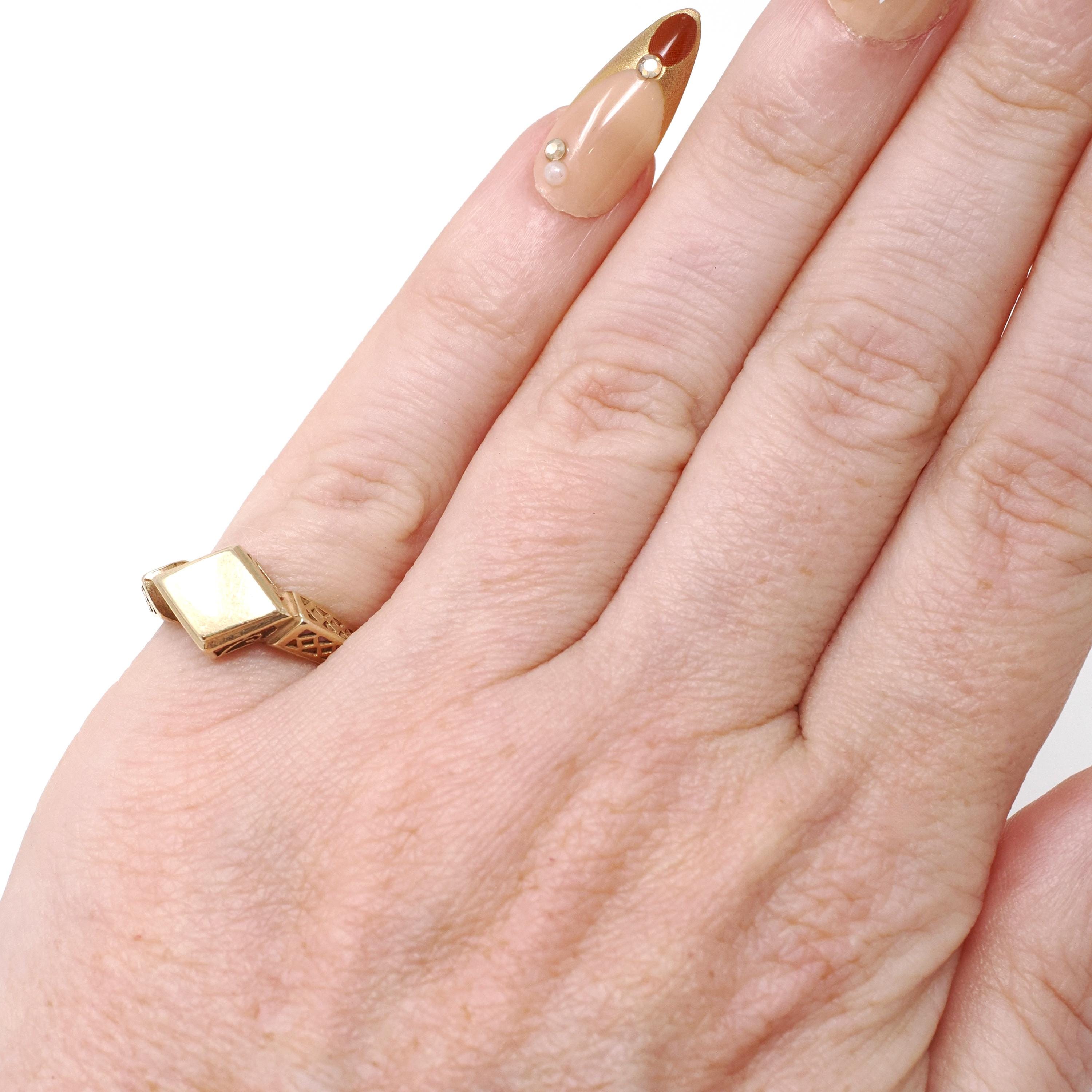 Edwardian Blank Signet - Antique 14k Yellow Gold Lozenge Shaped Ring - Circa 1910s Era Size 3 3/4 Filigree Fine Engravable Statement Jewelry