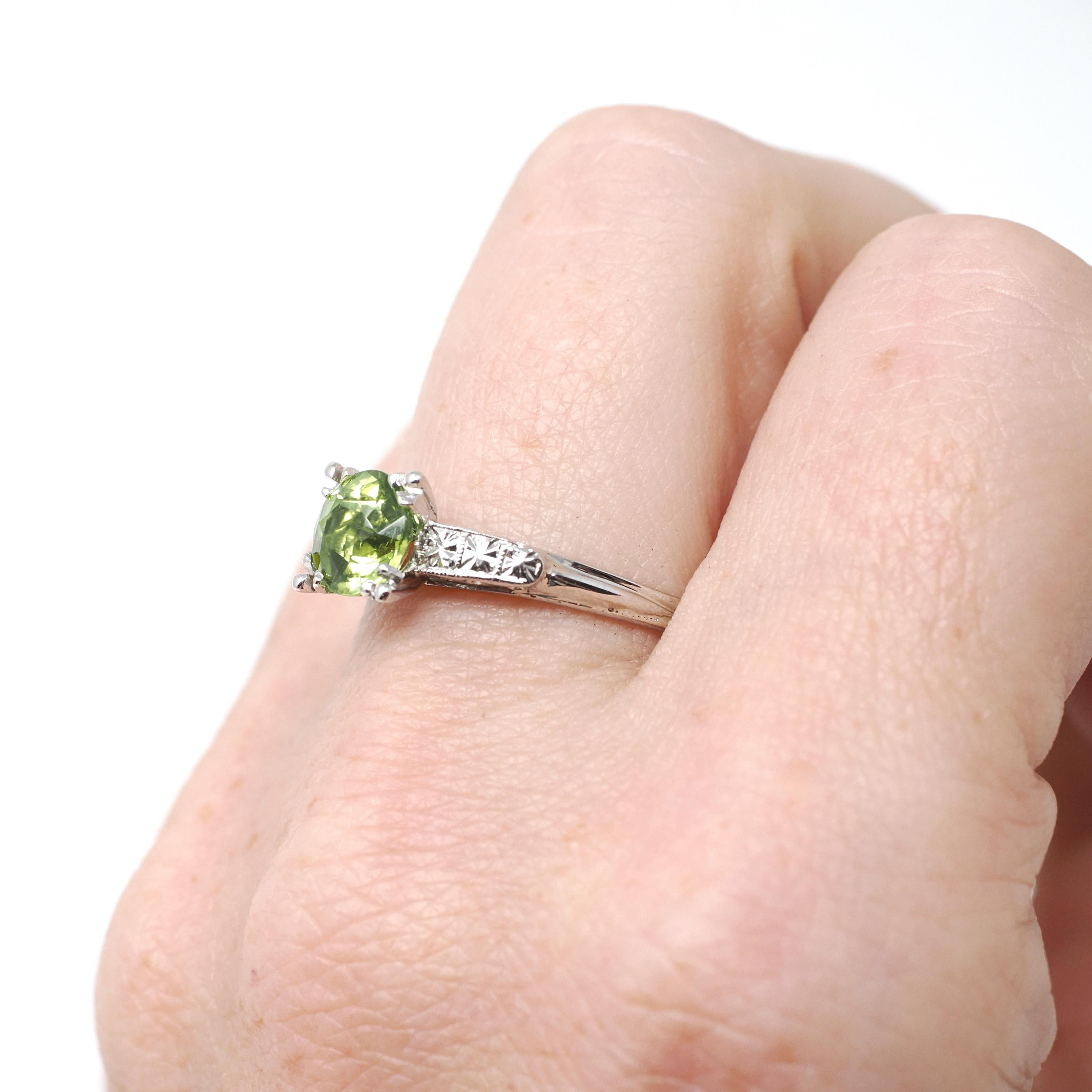 Vintage Peridot Ring - Mid Century 14k White Gold Natural Green Gemstone - Circa 1950s Era Size 8 Illusion Solitaire Engagement Fine Jewelry