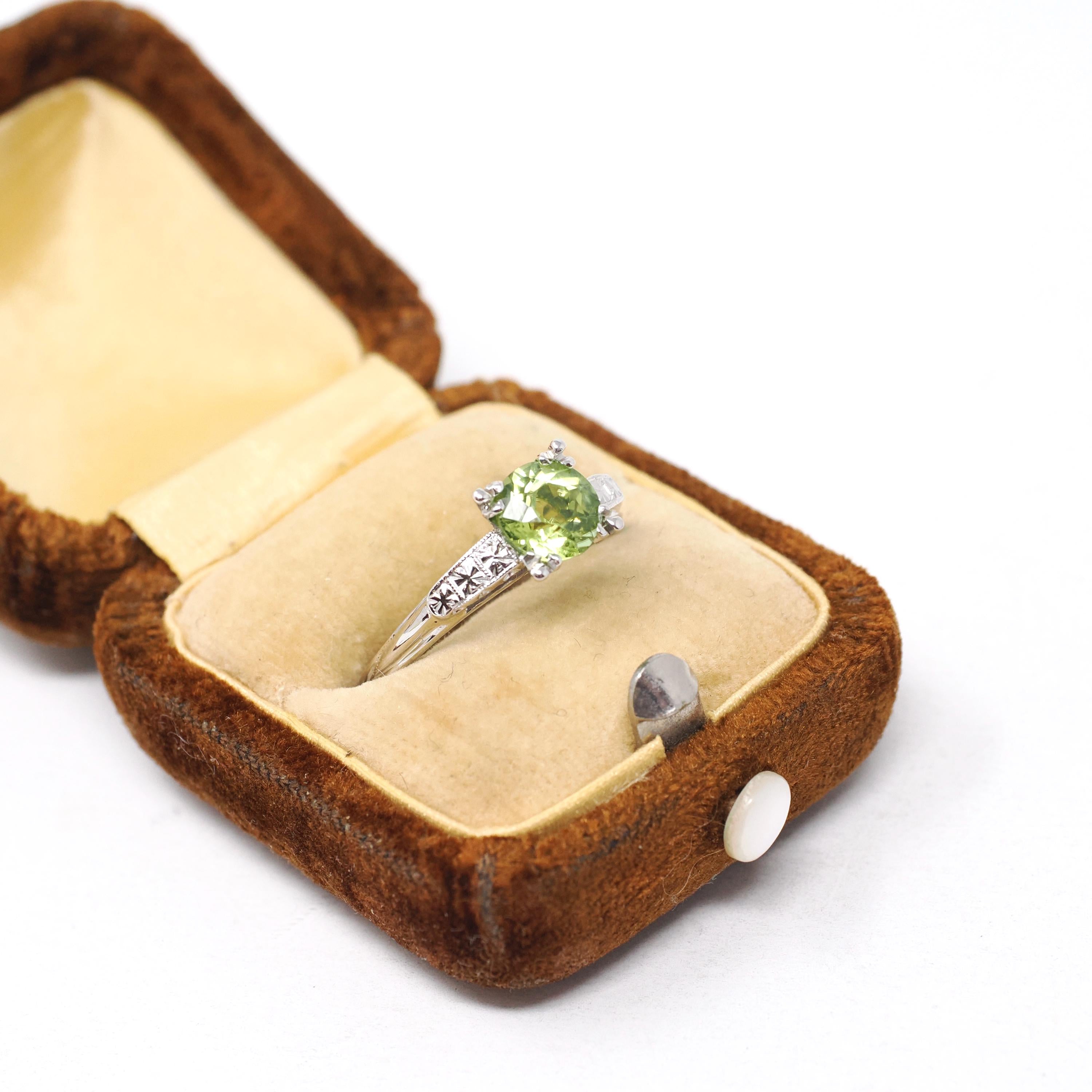 Vintage Peridot Ring - Mid Century 14k White Gold Natural Green Gemstone - Circa 1950s Era Size 8 Illusion Solitaire Engagement Fine Jewelry