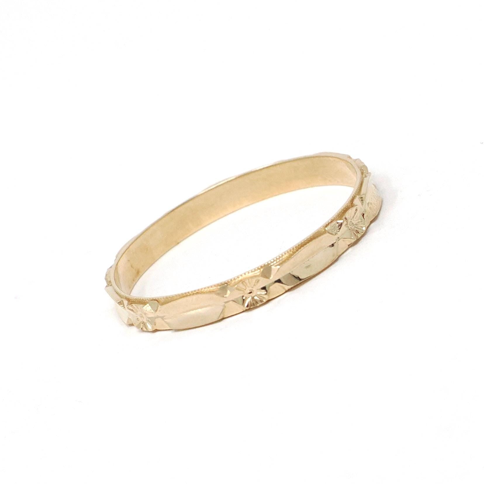 Eternity Flower Band - Estate 14k Yellow Gold Floral Stacking Wedding Ring - Modern Era Size 12 Nature Inspired Dainty Bridal Fine Jewelry