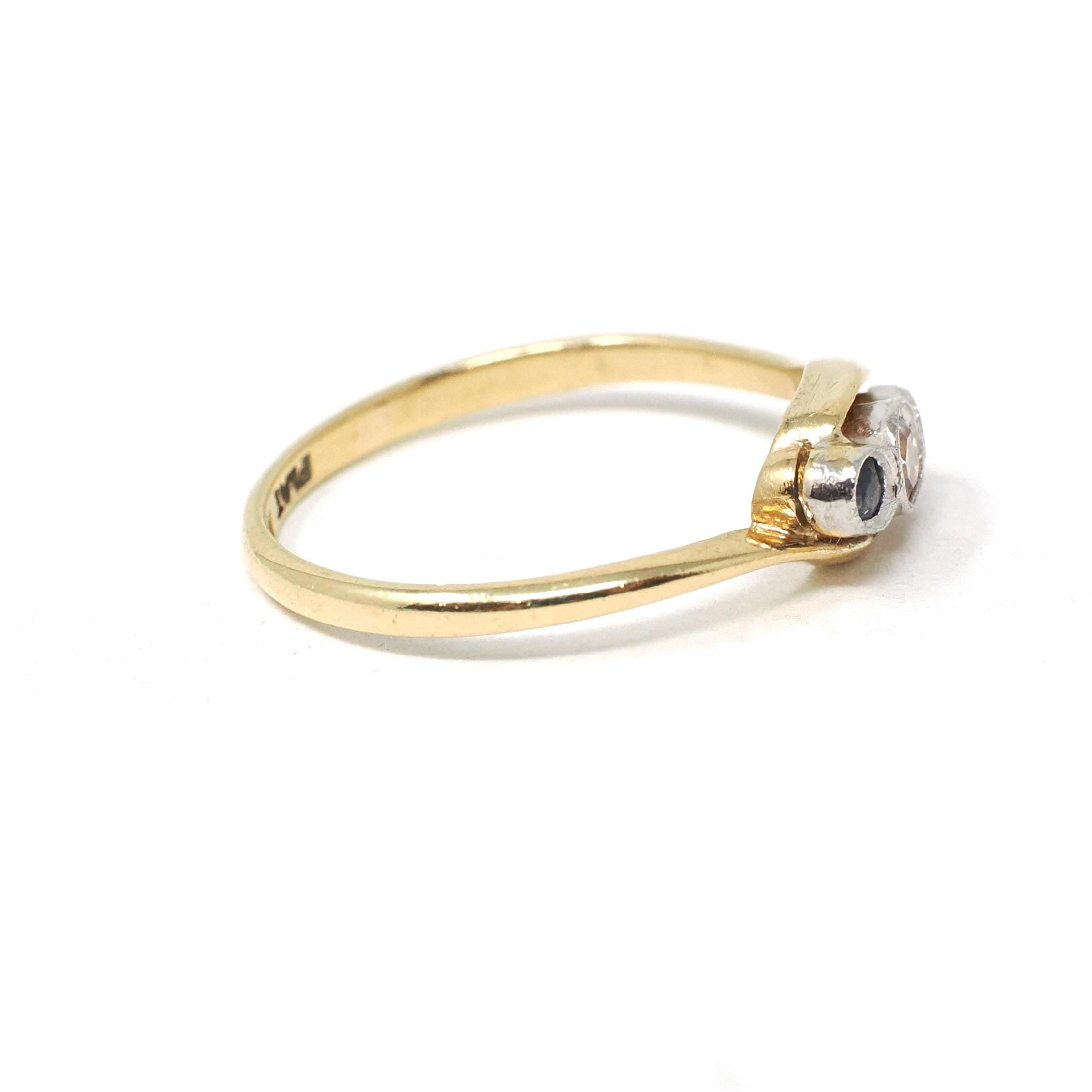 Antique Bypass Ring - Edwardian 18k Yellow Gold Platinum Sapphire & .10 CTW Diamond Band - Circa 1910s Era Size 6.5 Fine Engagement Jewelry