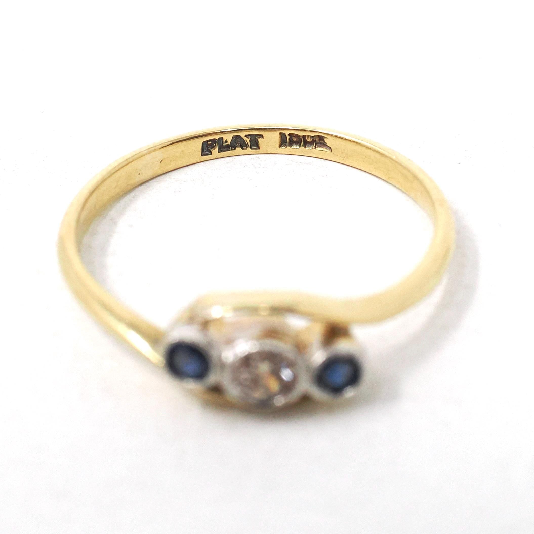 Antique Bypass Ring - Edwardian 18k Yellow Gold Platinum Sapphire & .10 CTW Diamond Band - Circa 1910s Era Size 6.5 Fine Engagement Jewelry