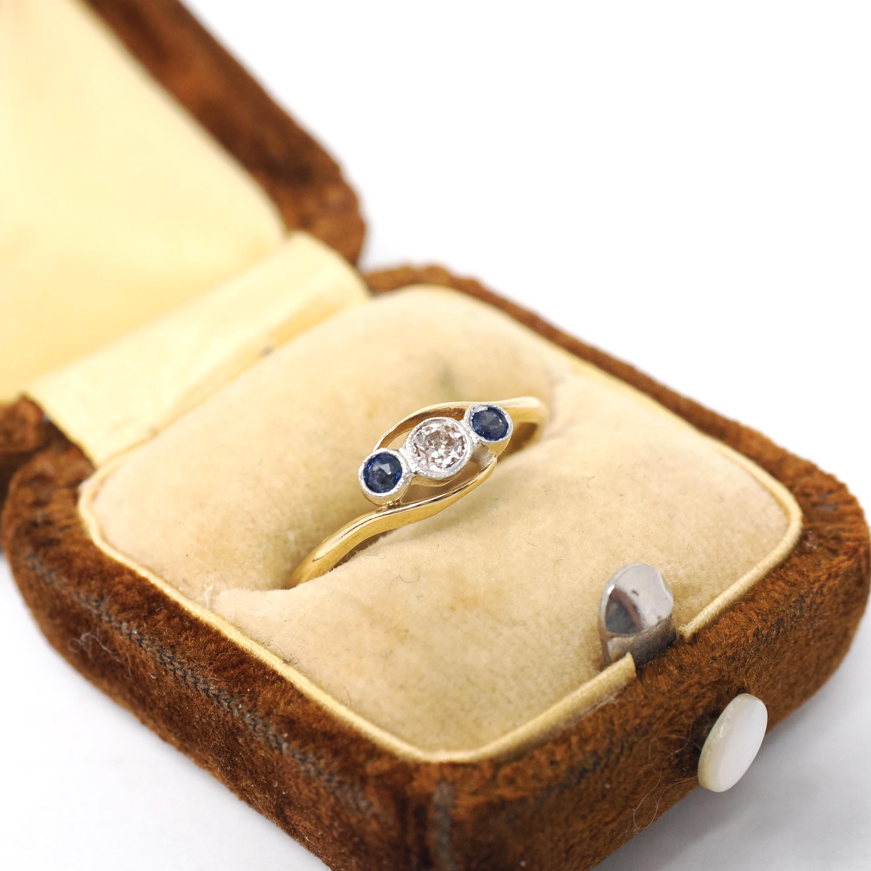 Antique Bypass Ring - Edwardian 18k Yellow Gold Platinum Sapphire & .10 CTW Diamond Band - Circa 1910s Era Size 6.5 Fine Engagement Jewelry