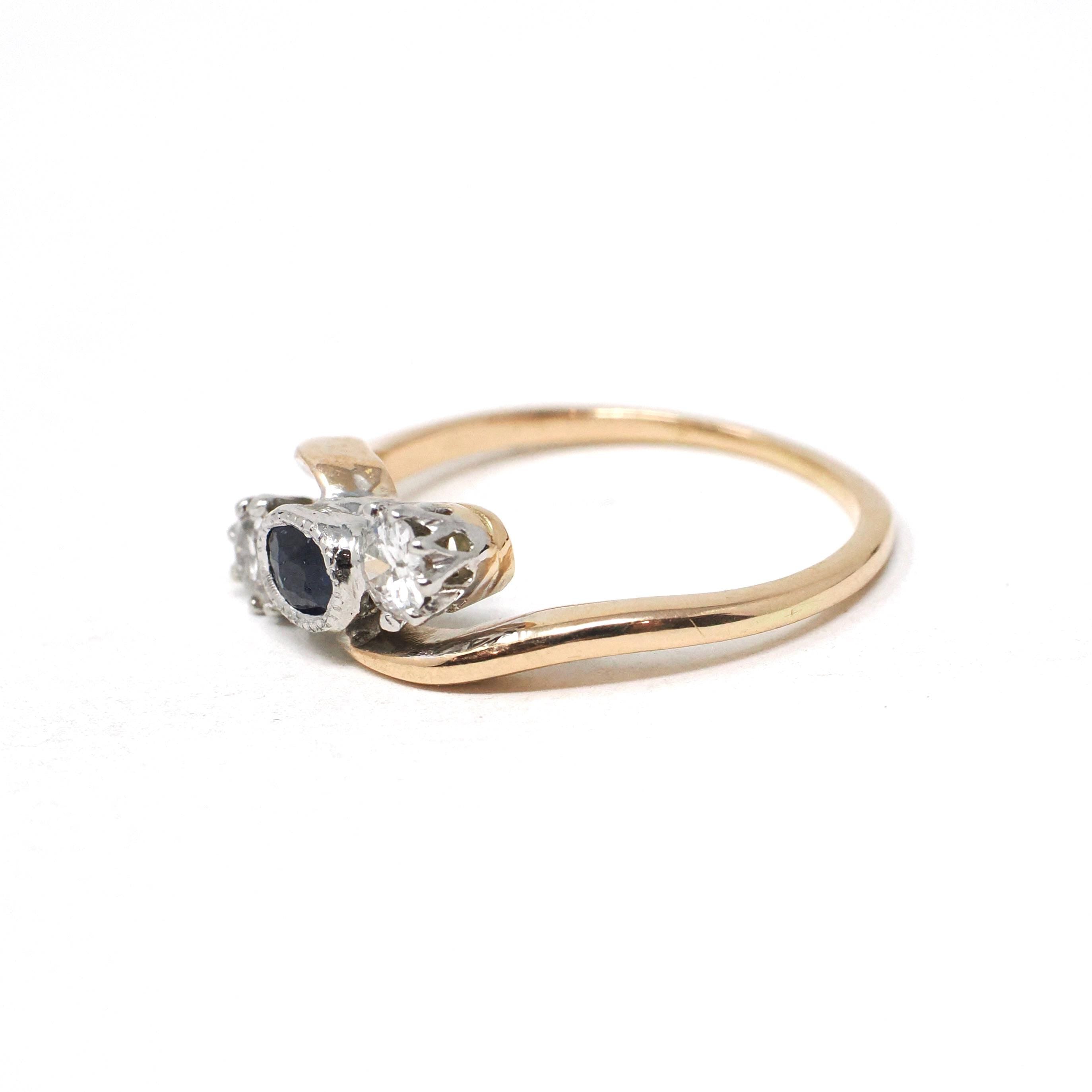 Edwardian Engagement Ring - Antique 14k Rosy Yellow Gold & Platinum Sapphire Diamond Bypass - Circa 1910s Era Size 7 Fine Statement Jewelry