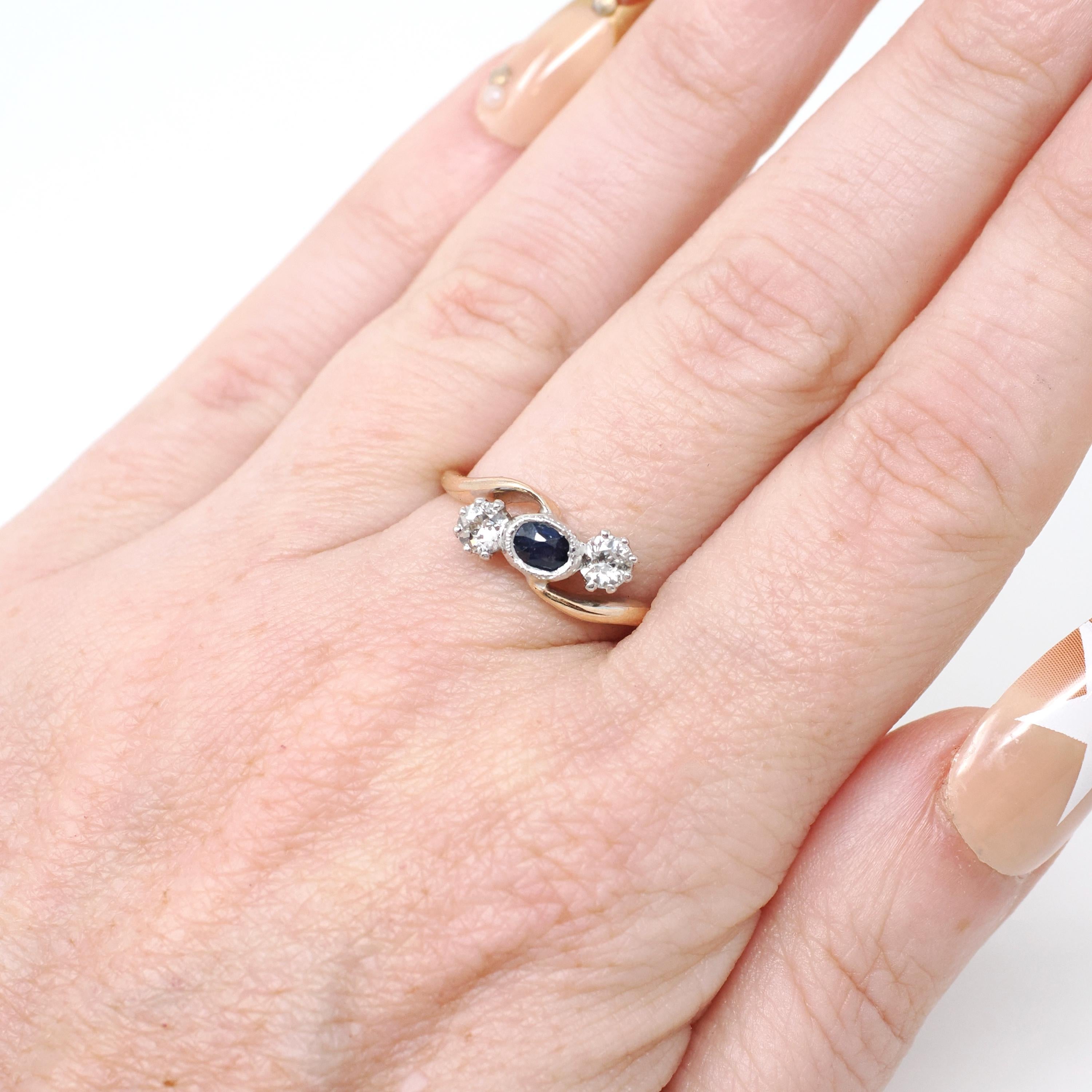 Edwardian Engagement Ring - Antique 14k Rosy Yellow Gold & Platinum Sapphire Diamond Bypass - Circa 1910s Era Size 7 Fine Statement Jewelry