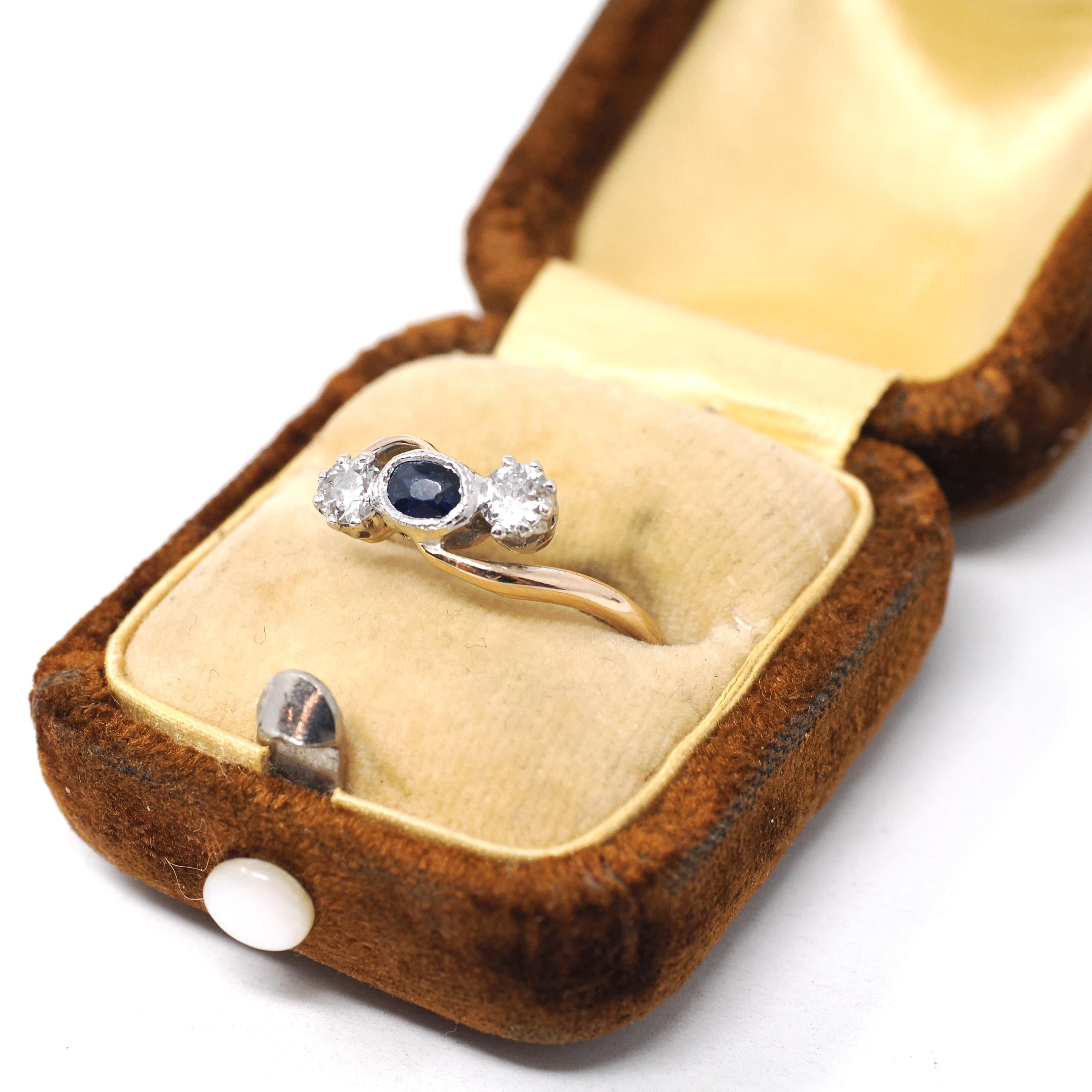Edwardian Engagement Ring - Antique 14k Rosy Yellow Gold & Platinum Sapphire Diamond Bypass - Circa 1910s Era Size 7 Fine Statement Jewelry
