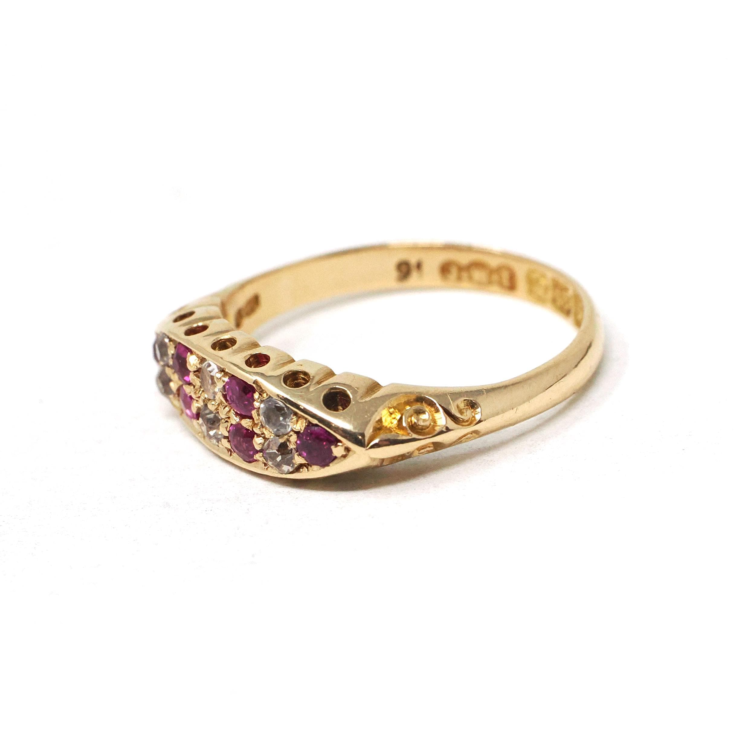 Antique Gemstone Ring - Edwardian 18k Yellow Gold Created Rubies & Diamond Band - Hallmarked 1910 Size 6 1/2 Fine English Statement Jewelry