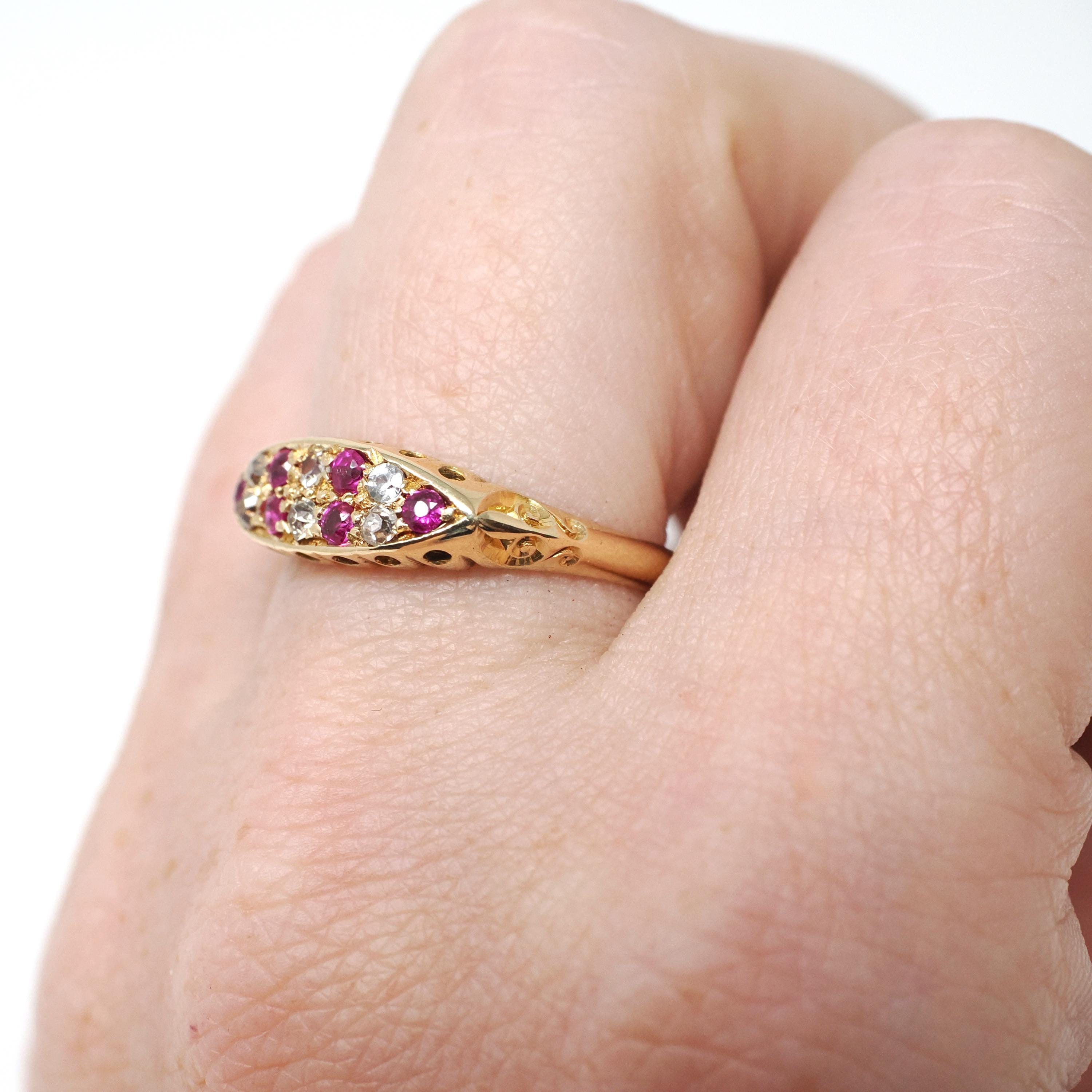 Antique Gemstone Ring - Edwardian 18k Yellow Gold Created Rubies & Diamond Band - Hallmarked 1910 Size 6 1/2 Fine English Statement Jewelry
