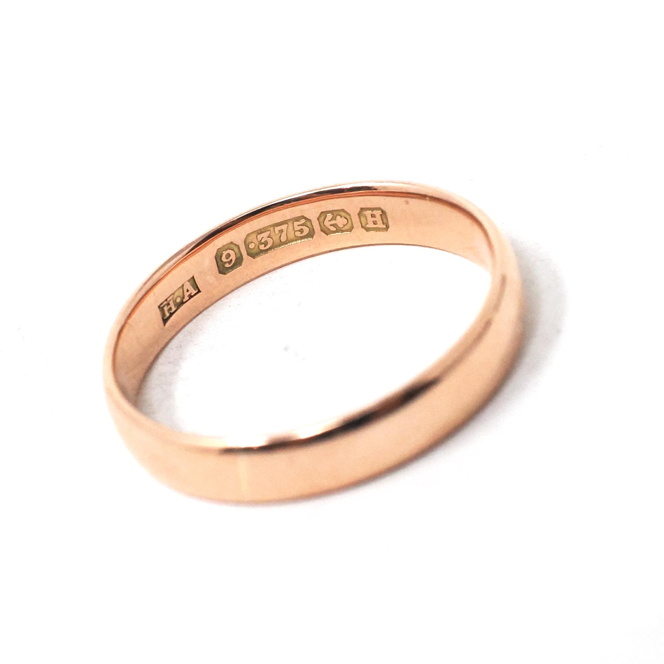 Vintage Wedding Band - Art Deco Era 9k Rose Gold 3.55mm Unadorned Ring - Hallmarked 1932 Birmingham Size 6 Bridal Fine Stacking Jewelry