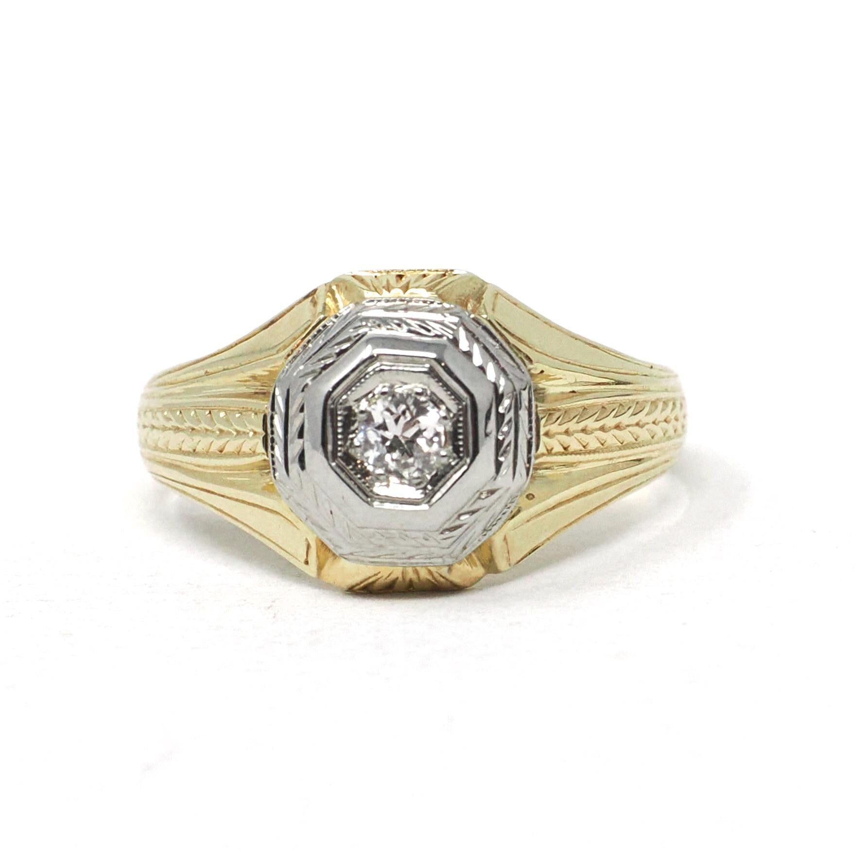 Vintage Diamond Ring - Art Deco 14k Yellow & White Gold Hexagonal .12 CT Solitaire - Circa 1930s Era Size 7 3/4 Two Tone Wheat Fine Jewelry