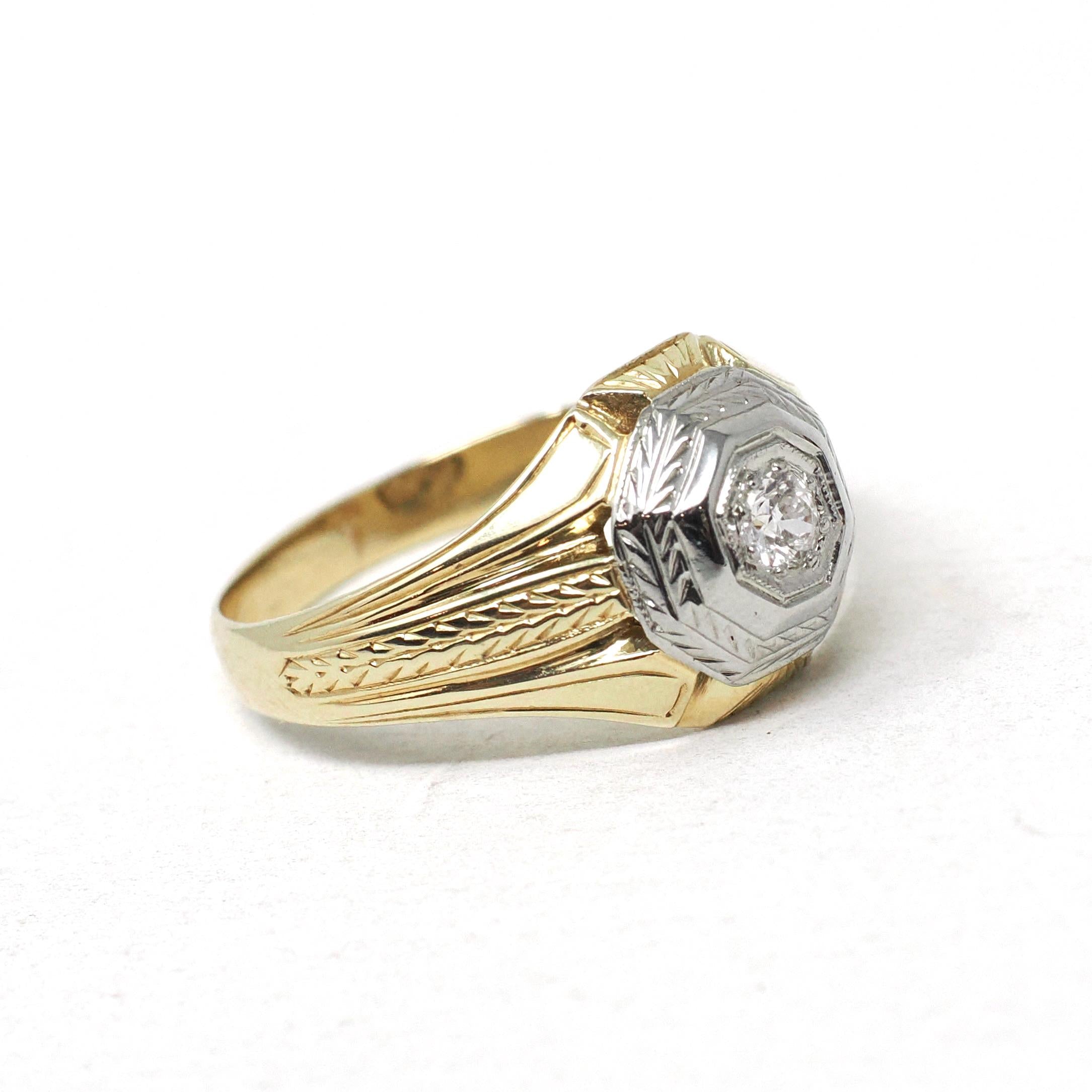 Vintage Diamond Ring - Art Deco 14k Yellow & White Gold Hexagonal .12 CT Solitaire - Circa 1930s Era Size 7 3/4 Two Tone Wheat Fine Jewelry