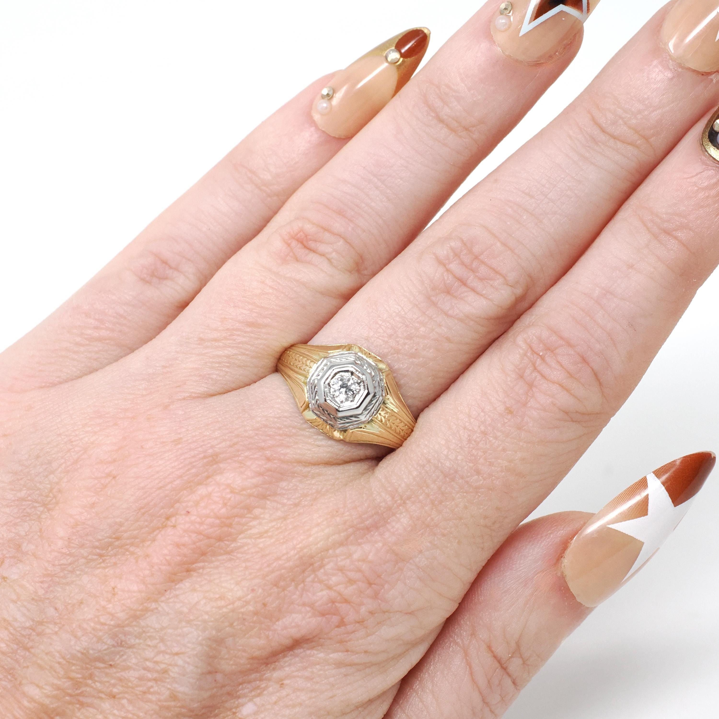 Vintage Diamond Ring - Art Deco 14k Yellow & White Gold Hexagonal .12 CT Solitaire - Circa 1930s Era Size 7 3/4 Two Tone Wheat Fine Jewelry