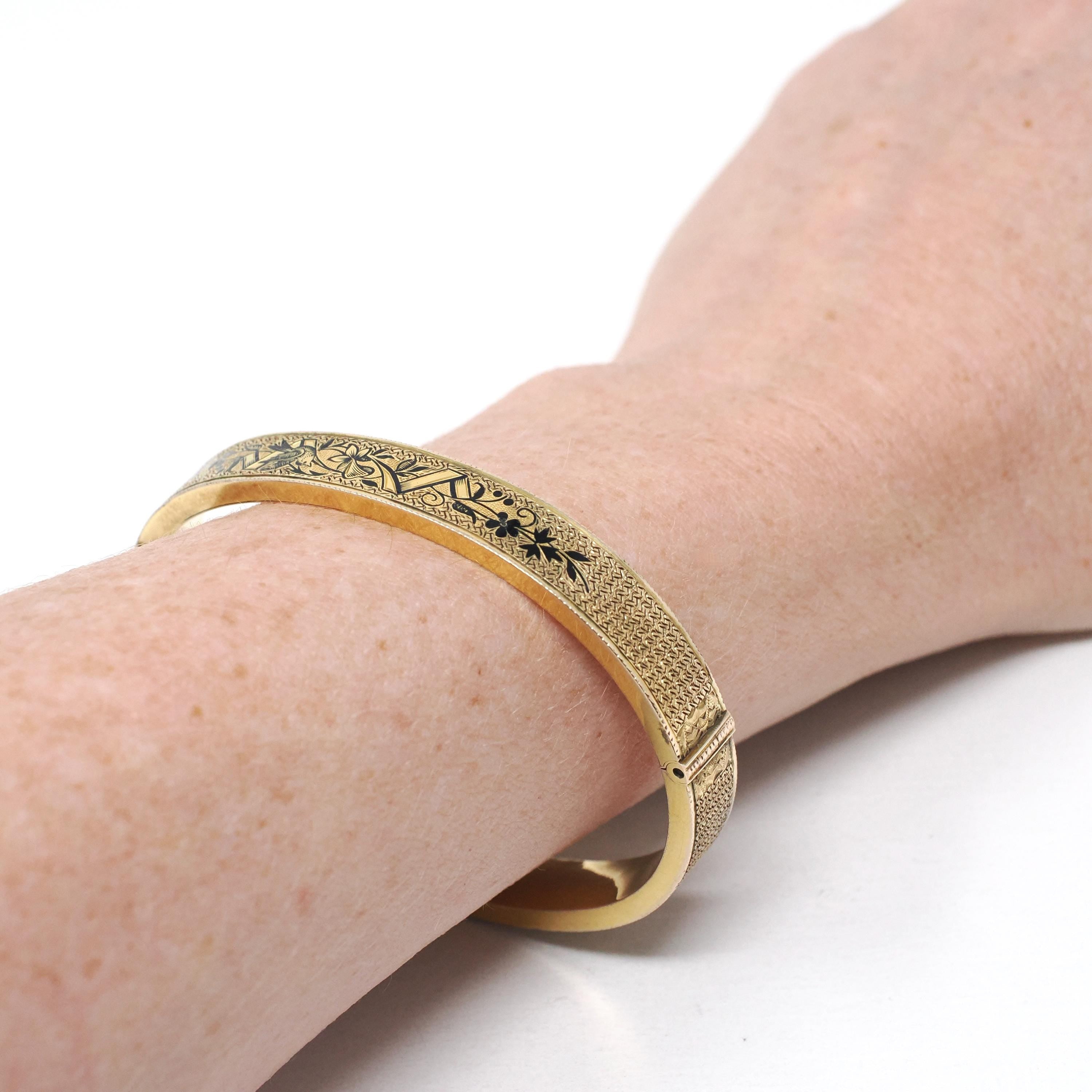 Antique Enamel Bracelet - Victorian 10k Yellow Gold Black Taille D'epargnē Hinged Bangle - Vintage Circa 1880s Hinged Statement Fine Jewelry