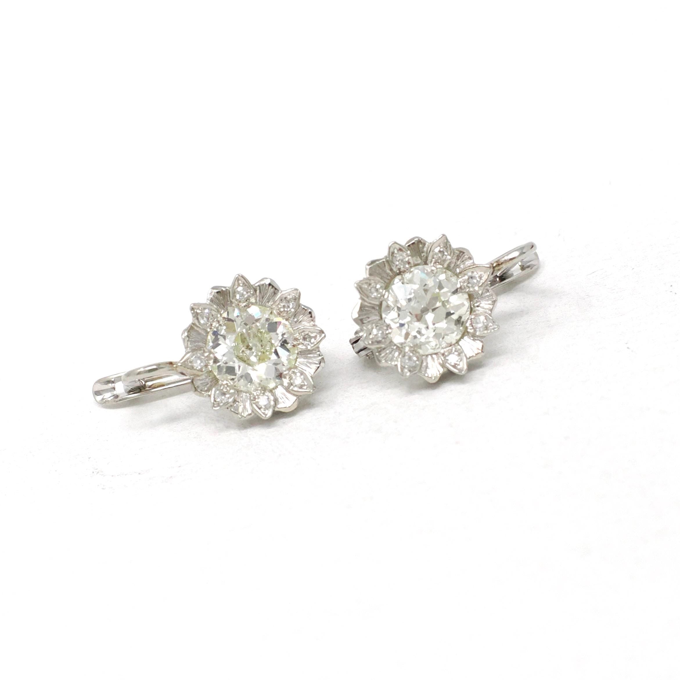 Diamond Sunflower Earrings - Modern 18k White Gold 2.04 CTW Natural Old Euro Cut Leverback - Circa 2000s Nature Inspired Floral Fine Jewelry