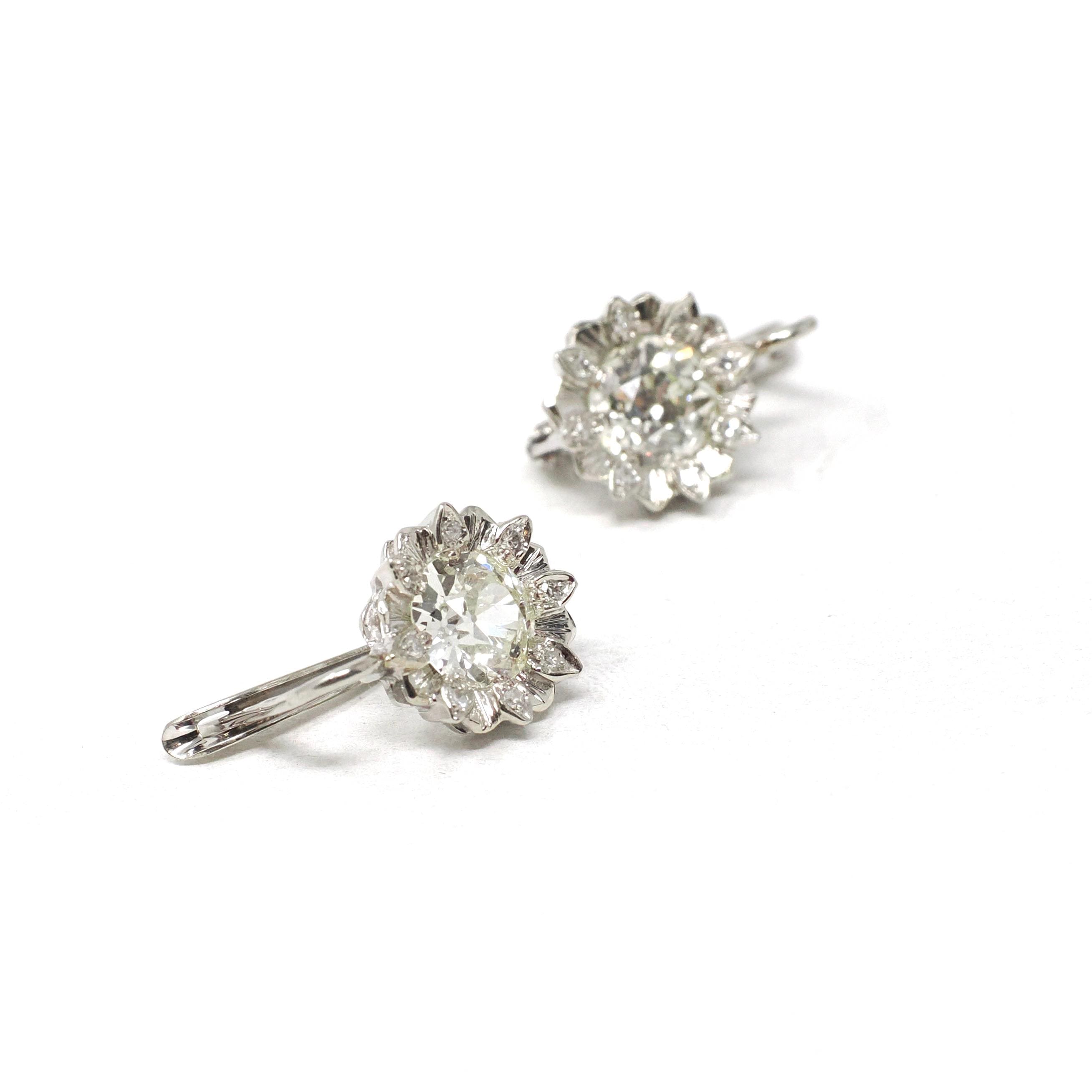 Diamond Sunflower Earrings - Modern 18k White Gold 2.04 CTW Natural Old Euro Cut Leverback - Circa 2000s Nature Inspired Floral Fine Jewelry