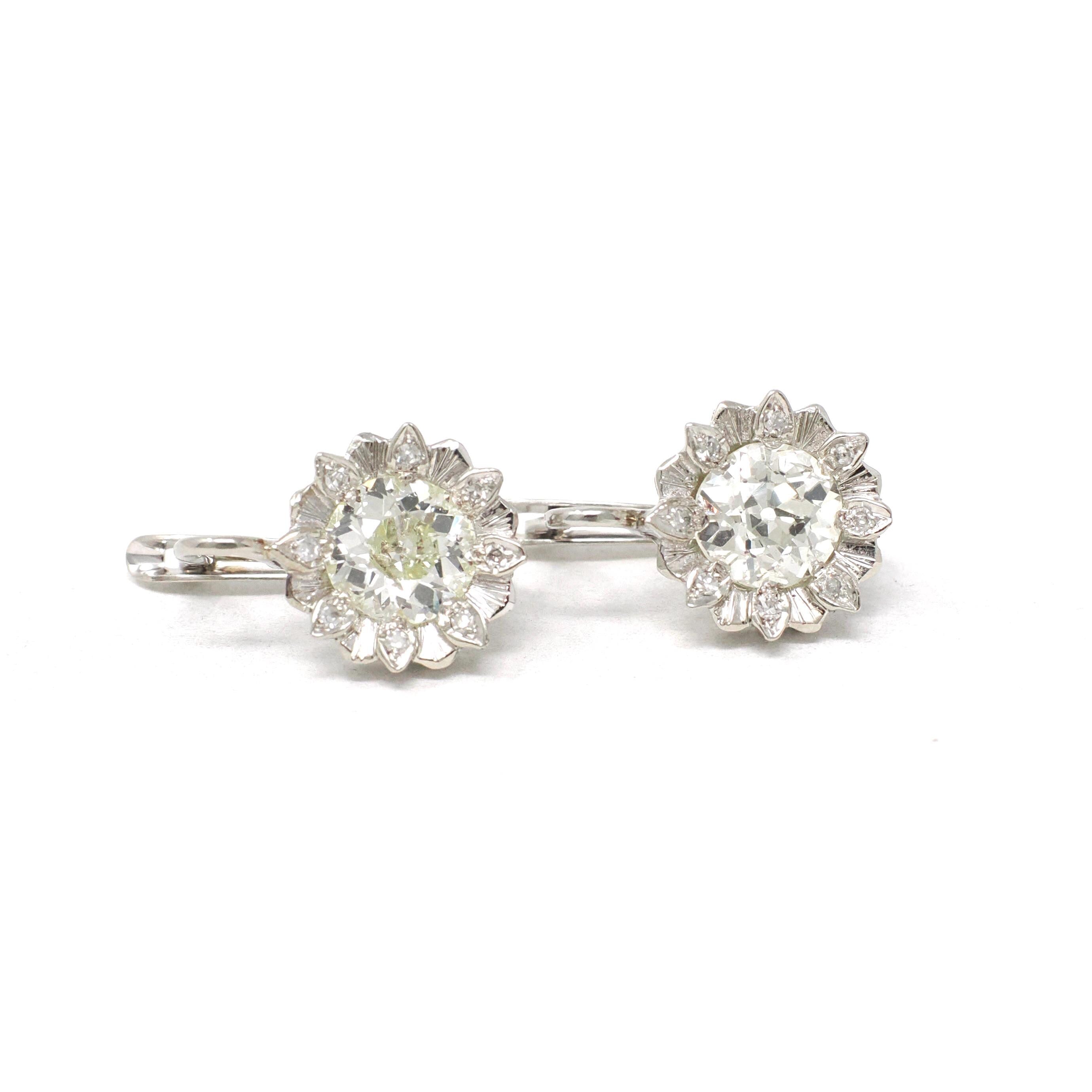 Diamond Sunflower Earrings - Modern 18k White Gold 2.04 CTW Natural Old Euro Cut Leverback - Circa 2000s Nature Inspired Floral Fine Jewelry