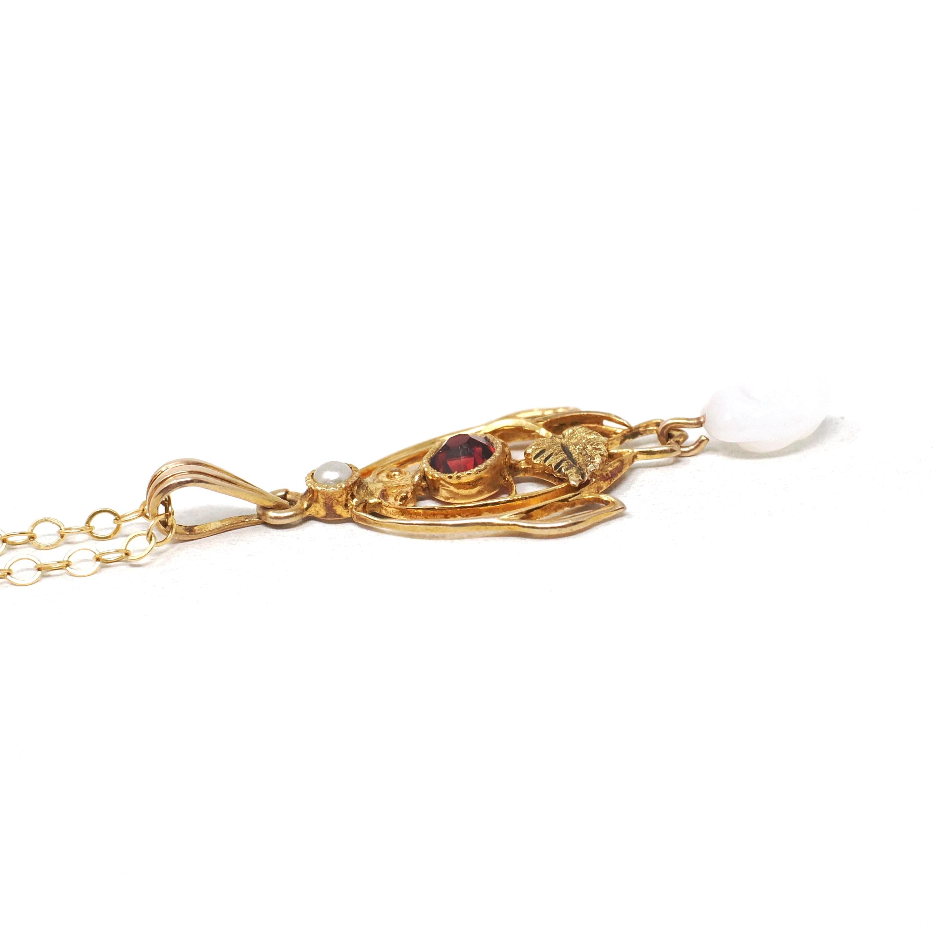 Antique Lavalier Necklace - Edwardian 10k Yellow Gold Red Glass & Seed Pearl Pendant - Circa 1910s Era Simulated Baroque Pearl Fine Jewelry