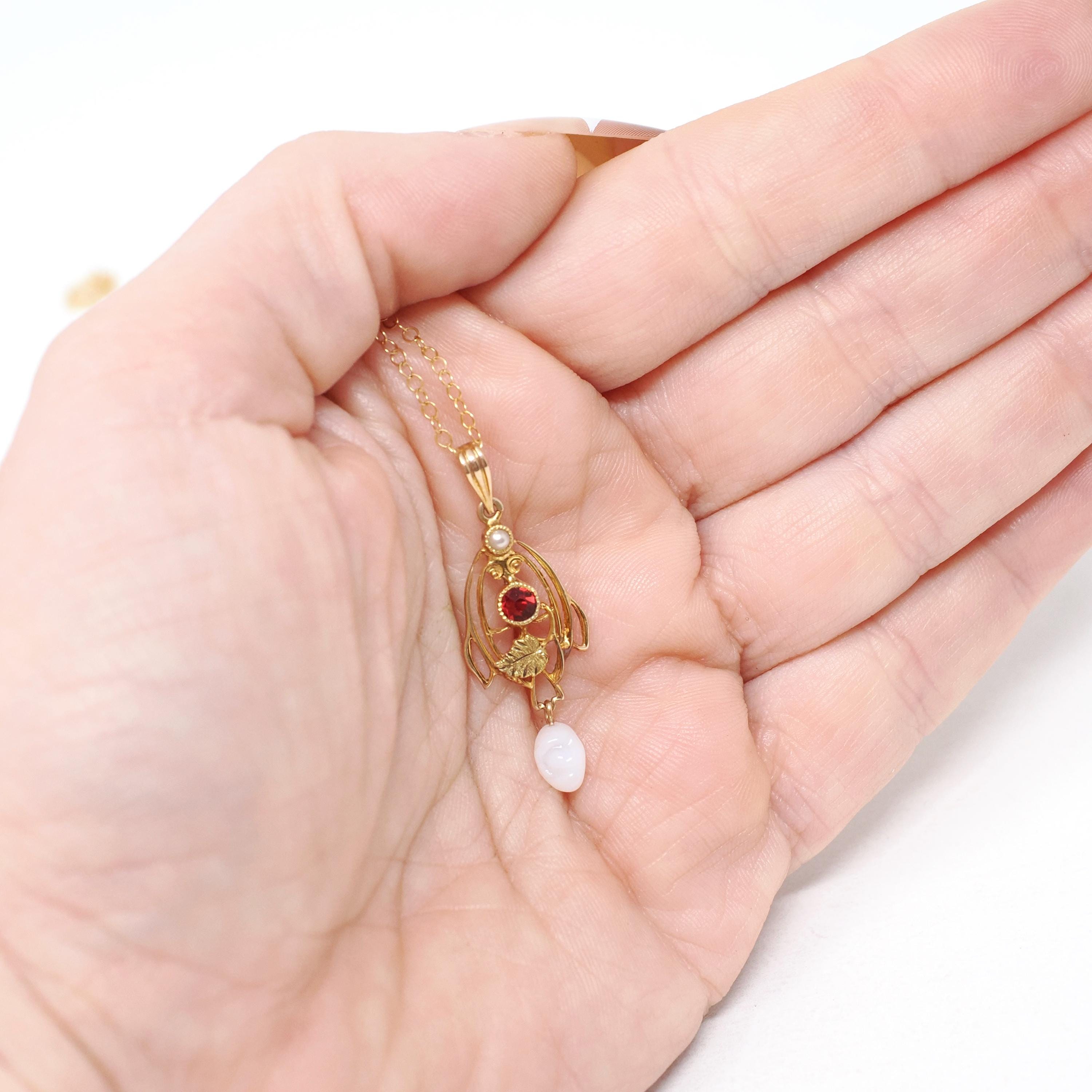 Antique Lavalier Necklace - Edwardian 10k Yellow Gold Red Glass & Seed Pearl Pendant - Circa 1910s Era Simulated Baroque Pearl Fine Jewelry