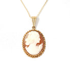 Vintage Cameo Necklace - Retro 10k Yellow Gold Oval Carved Shell Woman's Profile Pendant - Circa 1940s Era Statement Fine BDA 40s Jewelry
