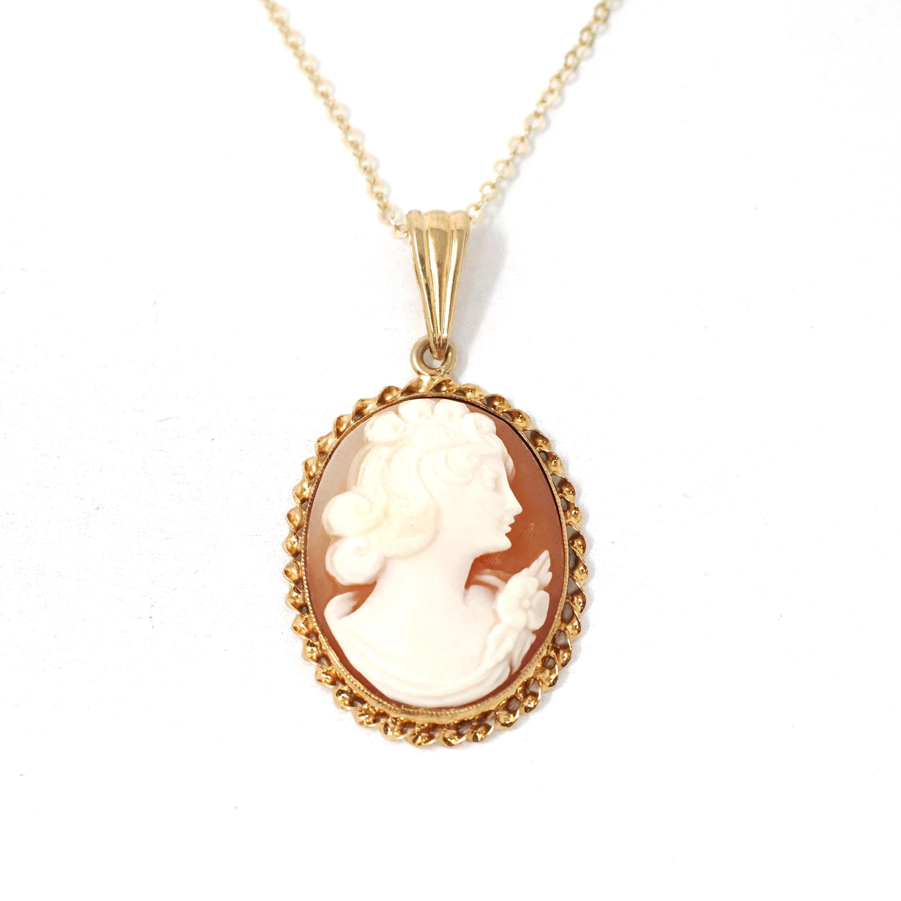 Vintage Cameo Necklace - Retro 10k Yellow Gold Oval Carved Shell Woman's Profile Pendant - Circa 1940s Era Statement Fine BDA 40s Jewelry