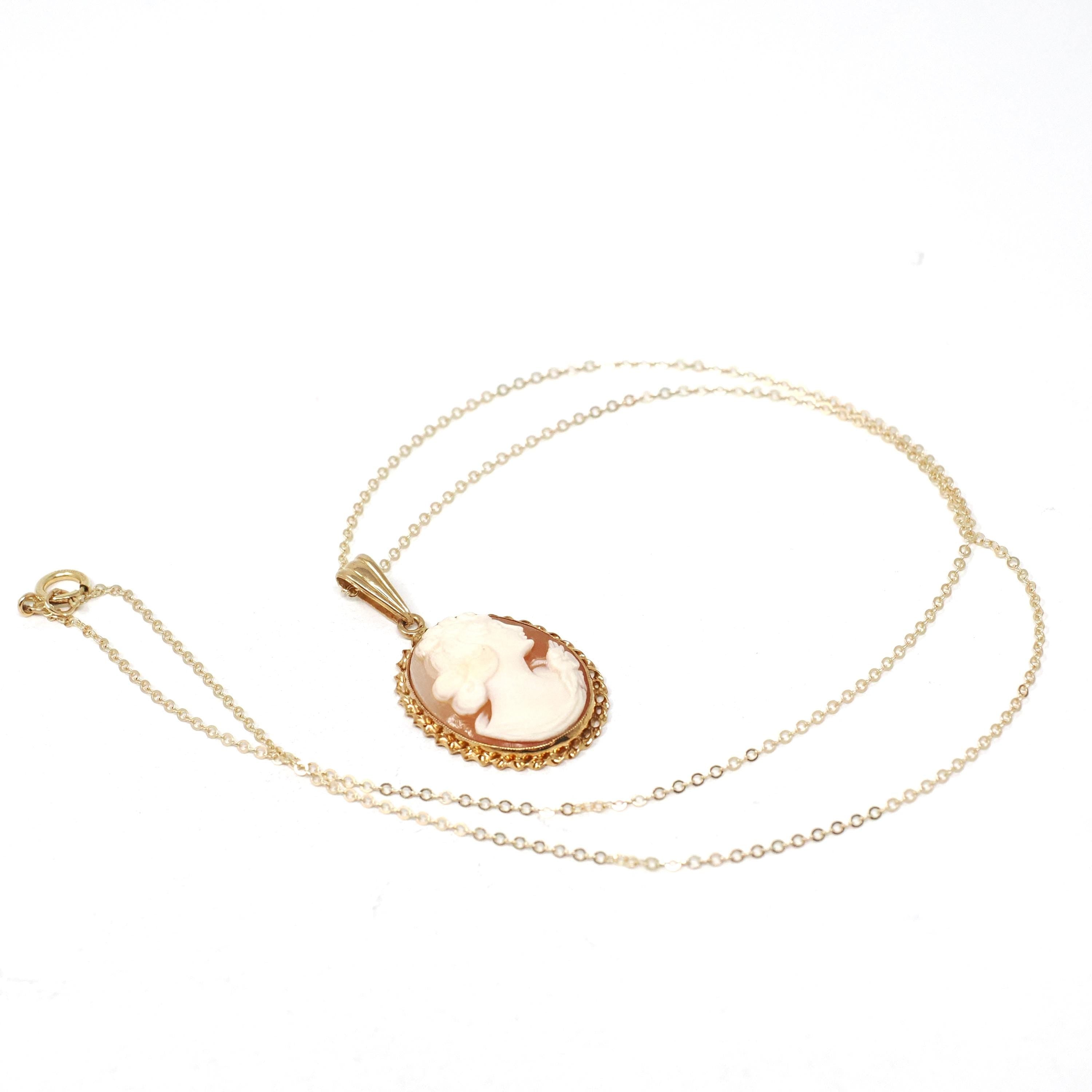 Vintage Cameo Necklace - Retro 10k Yellow Gold Oval Carved Shell Woman's Profile Pendant - Circa 1940s Era Statement Fine BDA 40s Jewelry