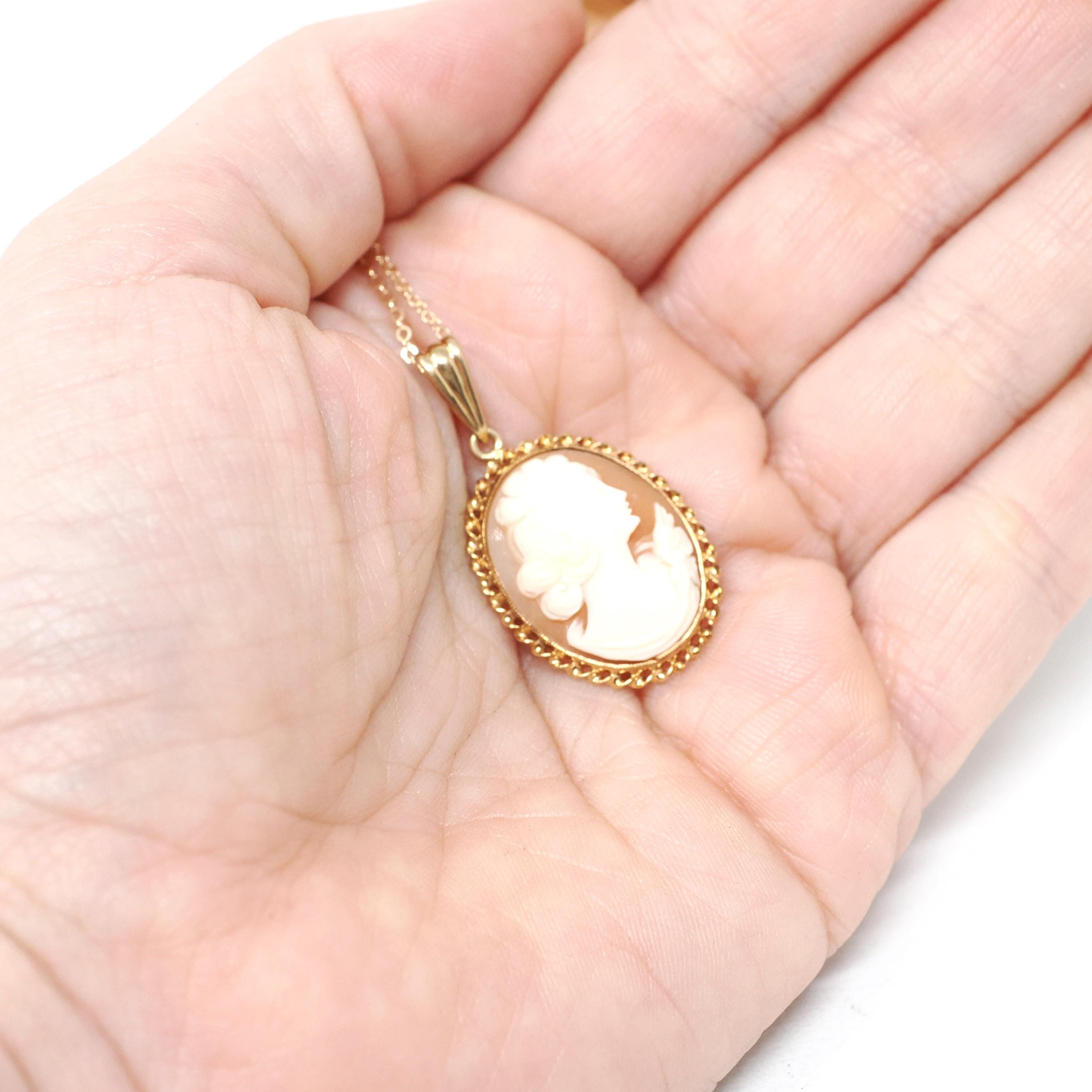 Vintage Cameo Necklace - Retro 10k Yellow Gold Oval Carved Shell Woman's Profile Pendant - Circa 1940s Era Statement Fine BDA 40s Jewelry