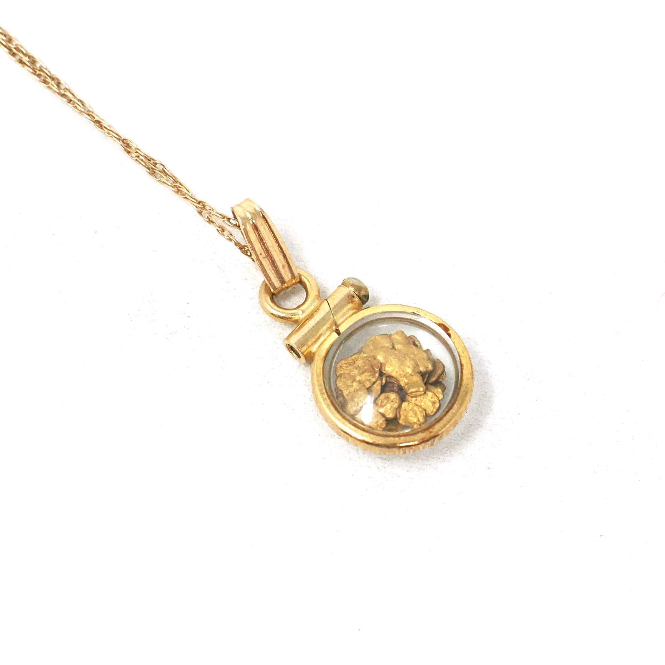 Gold Nugget Necklace - Estate 14k Yellow Gold Shaker Fob Charm Pendant - Modern Circa 1980s Era Alaskan Gold Rush Flakes Souvenir Jewelry