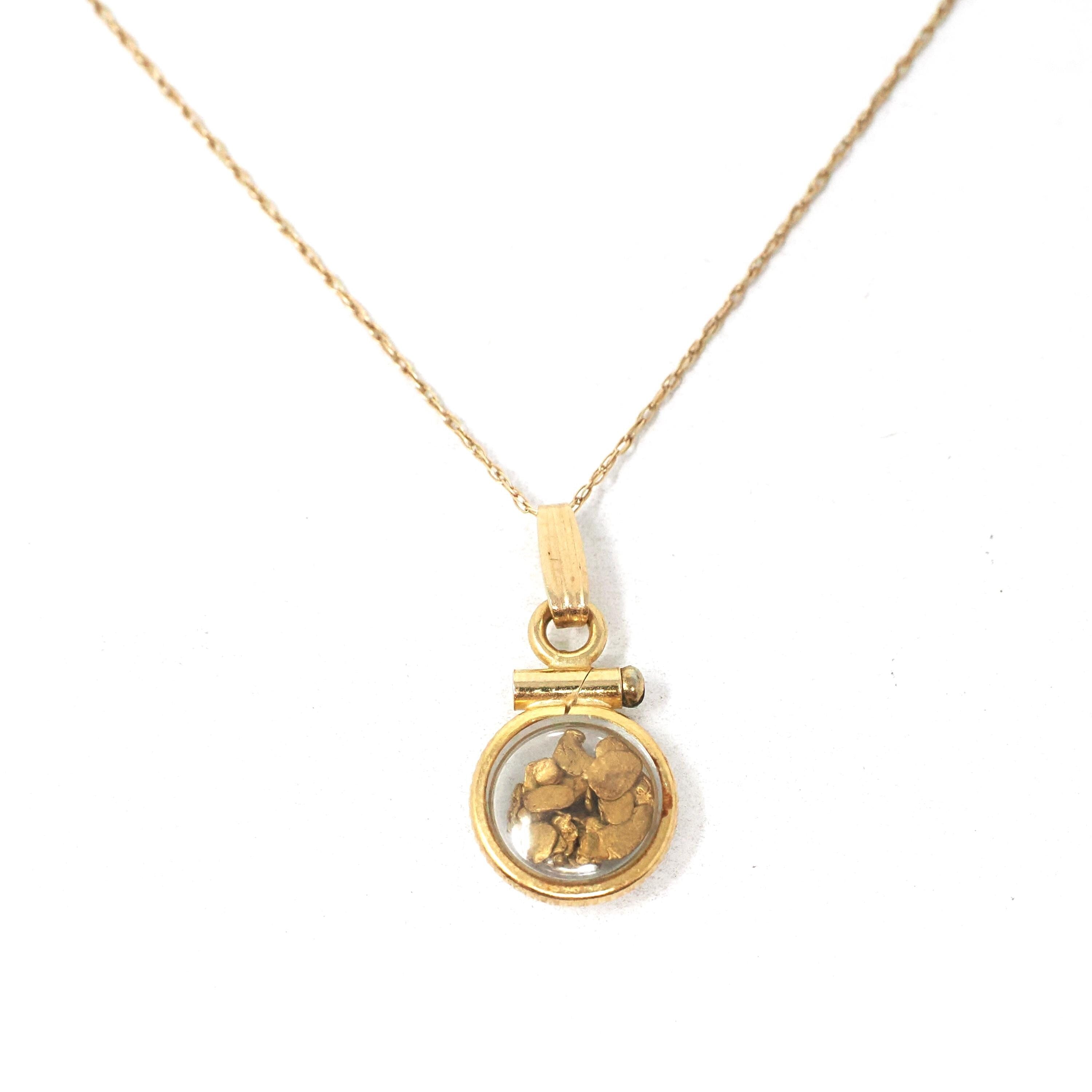 Gold Nugget Necklace - Estate 14k Yellow Gold Shaker Fob Charm Pendant - Modern Circa 1980s Era Alaskan Gold Rush Flakes Souvenir Jewelry