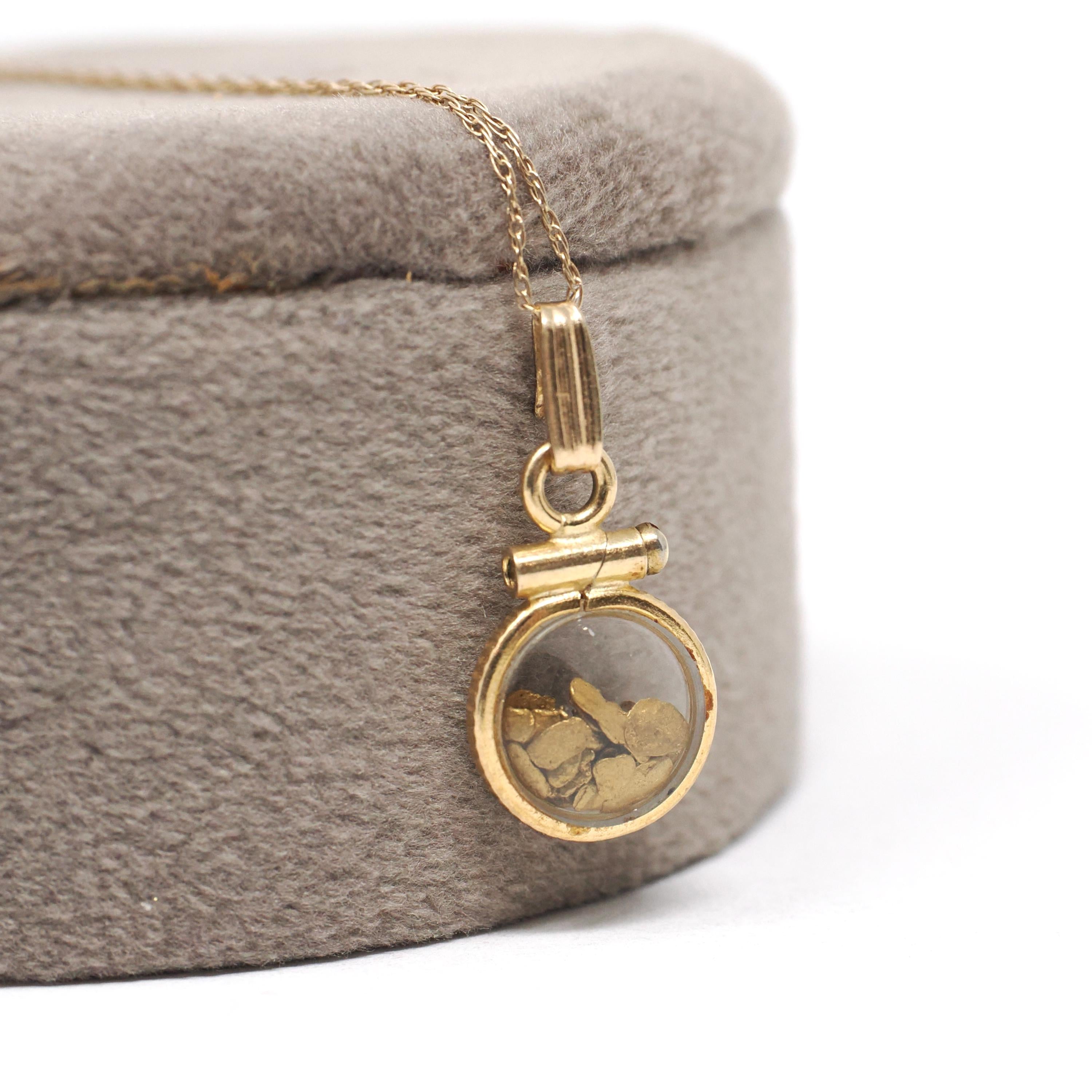 Gold Nugget Necklace - Estate 14k Yellow Gold Shaker Fob Charm Pendant - Modern Circa 1980s Era Alaskan Gold Rush Flakes Souvenir Jewelry