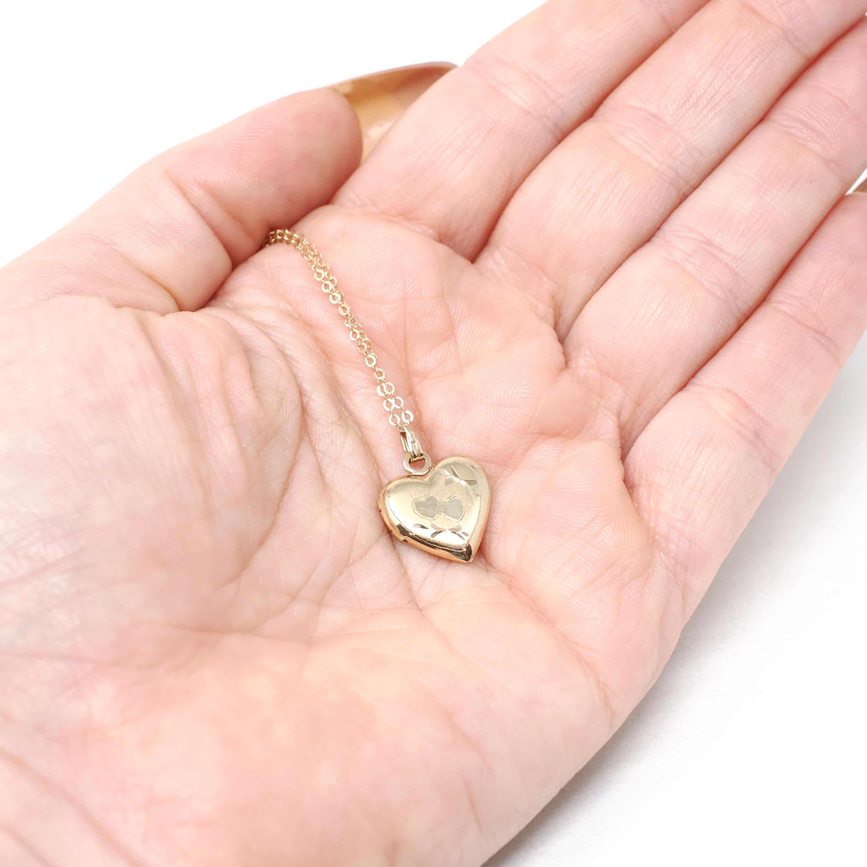 Vintage Heart Locket - Modern 14k Yellow Gold Dainty Petite Pendant Necklace Charm - Estate 1990s Era Love Photograph Keepsake Fine Jewelry