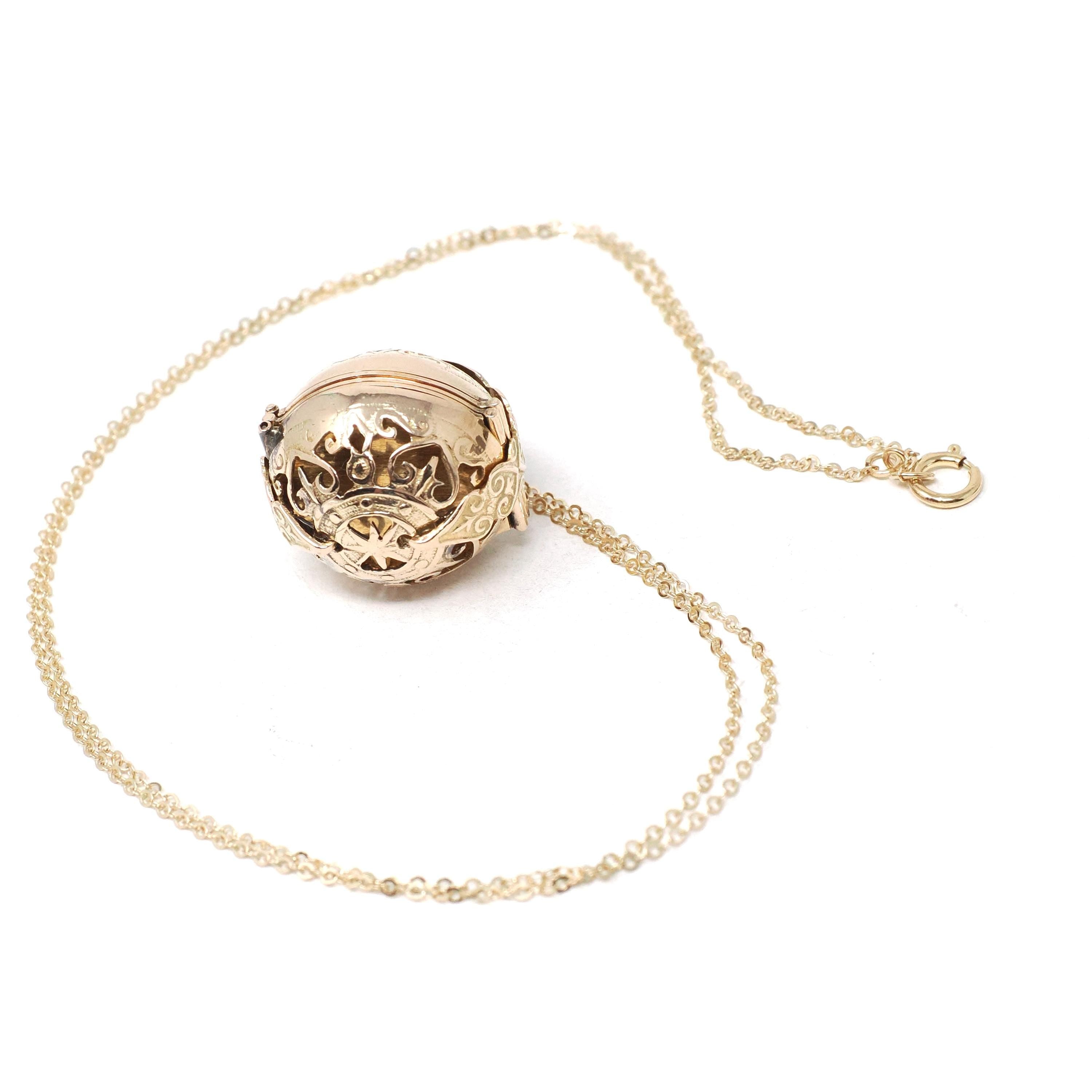 Vintage Folding Locket - 14k Yellow Gold Six Photos Pendant Ornate Ball Globe Fob - Victorian Style Hinged Rare Filigree Unique Fine Jewelry