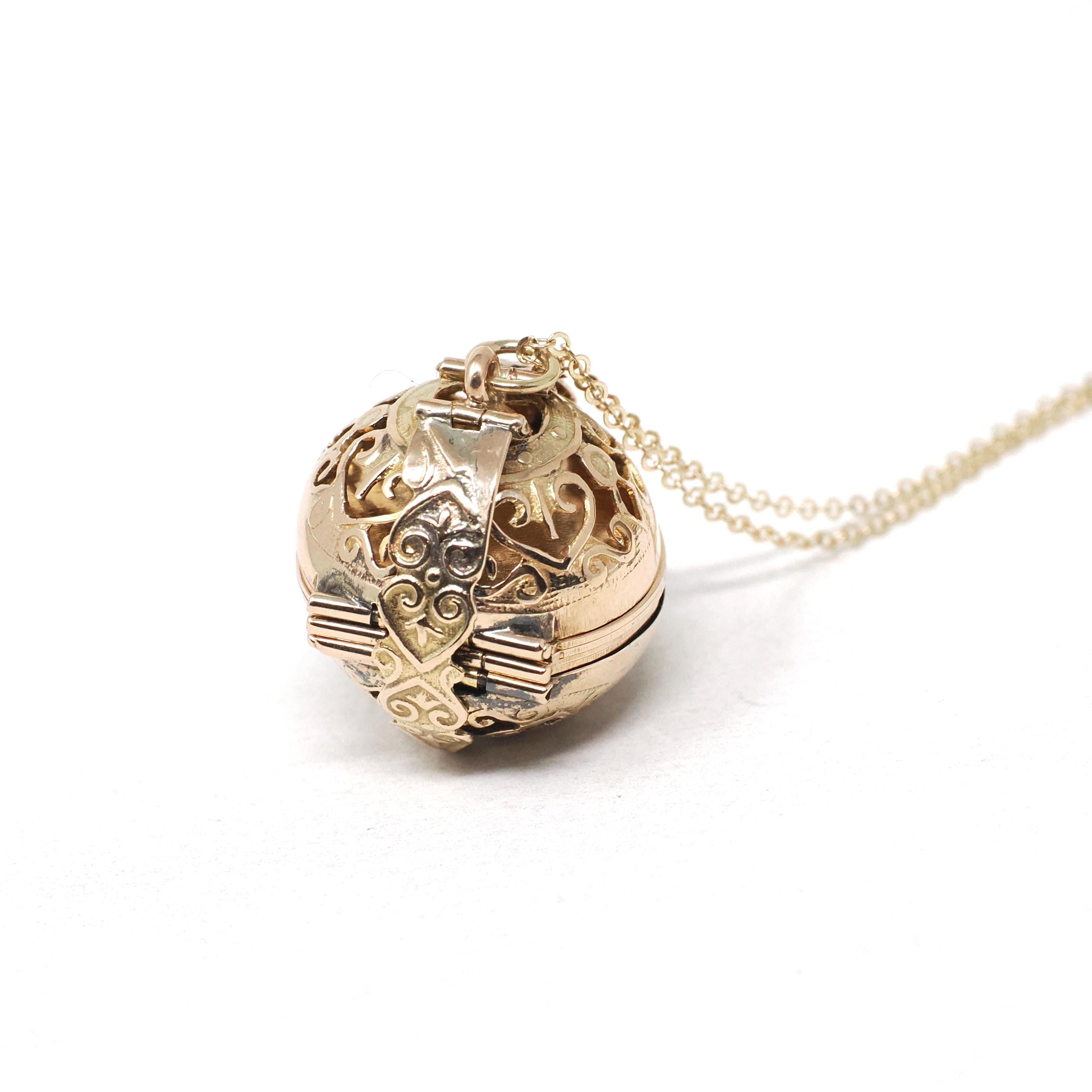 Vintage Folding Locket - 14k Yellow Gold Six Photos Pendant Ornate Ball Globe Fob - Victorian Style Hinged Rare Filigree Unique Fine Jewelry