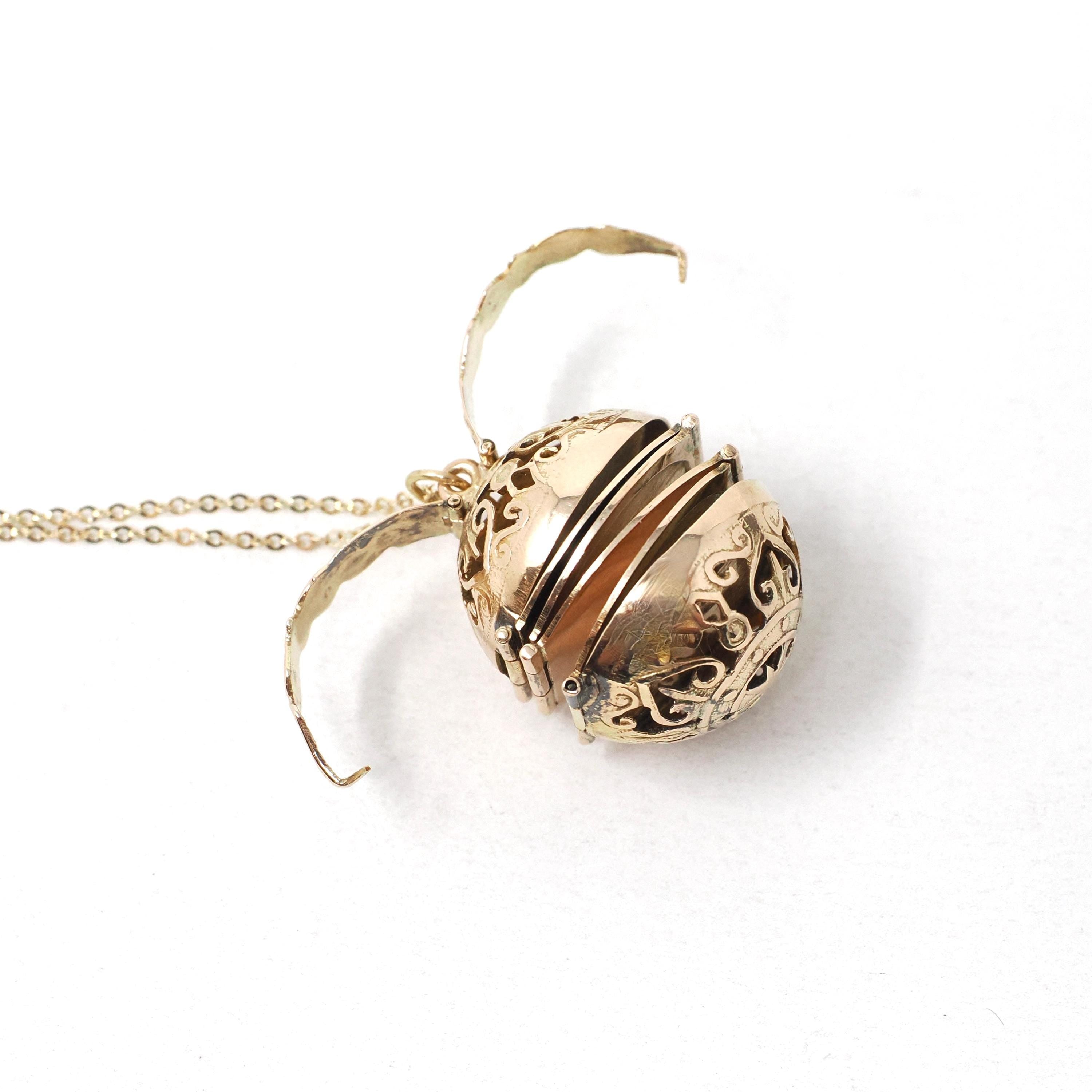 Vintage Folding Locket - 14k Yellow Gold Six Photos Pendant Ornate Ball Globe Fob - Victorian Style Hinged Rare Filigree Unique Fine Jewelry