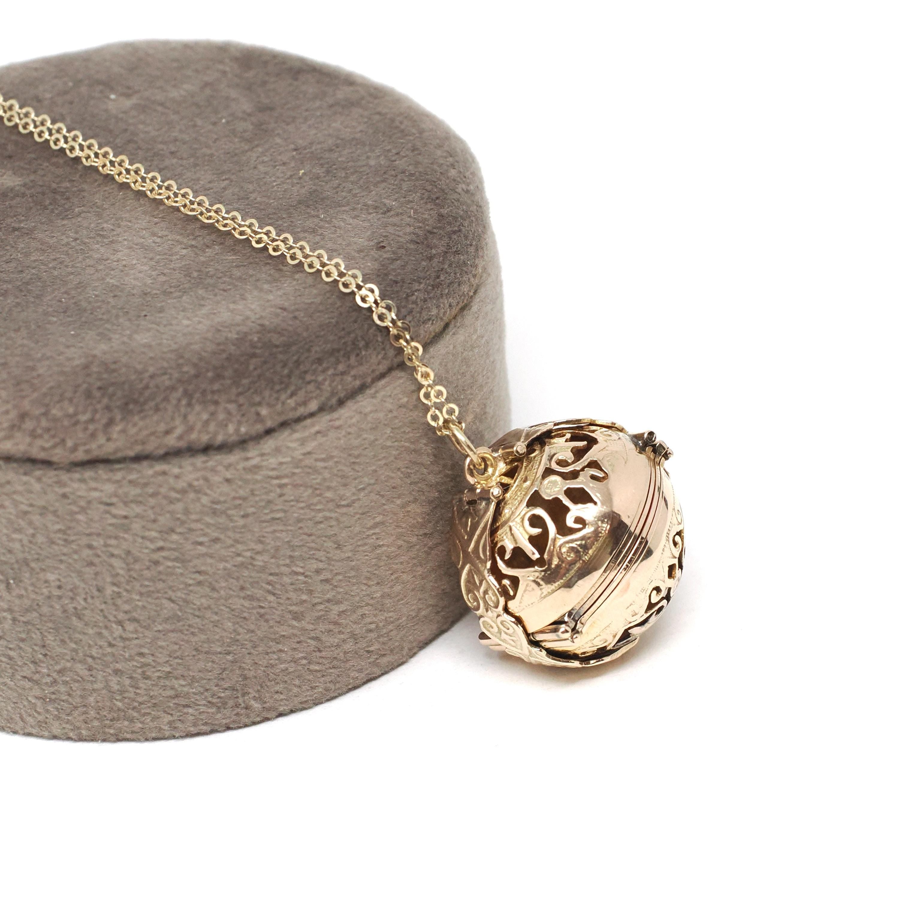 Vintage Folding Locket - 14k Yellow Gold Six Photos Pendant Ornate Ball Globe Fob - Victorian Style Hinged Rare Filigree Unique Fine Jewelry