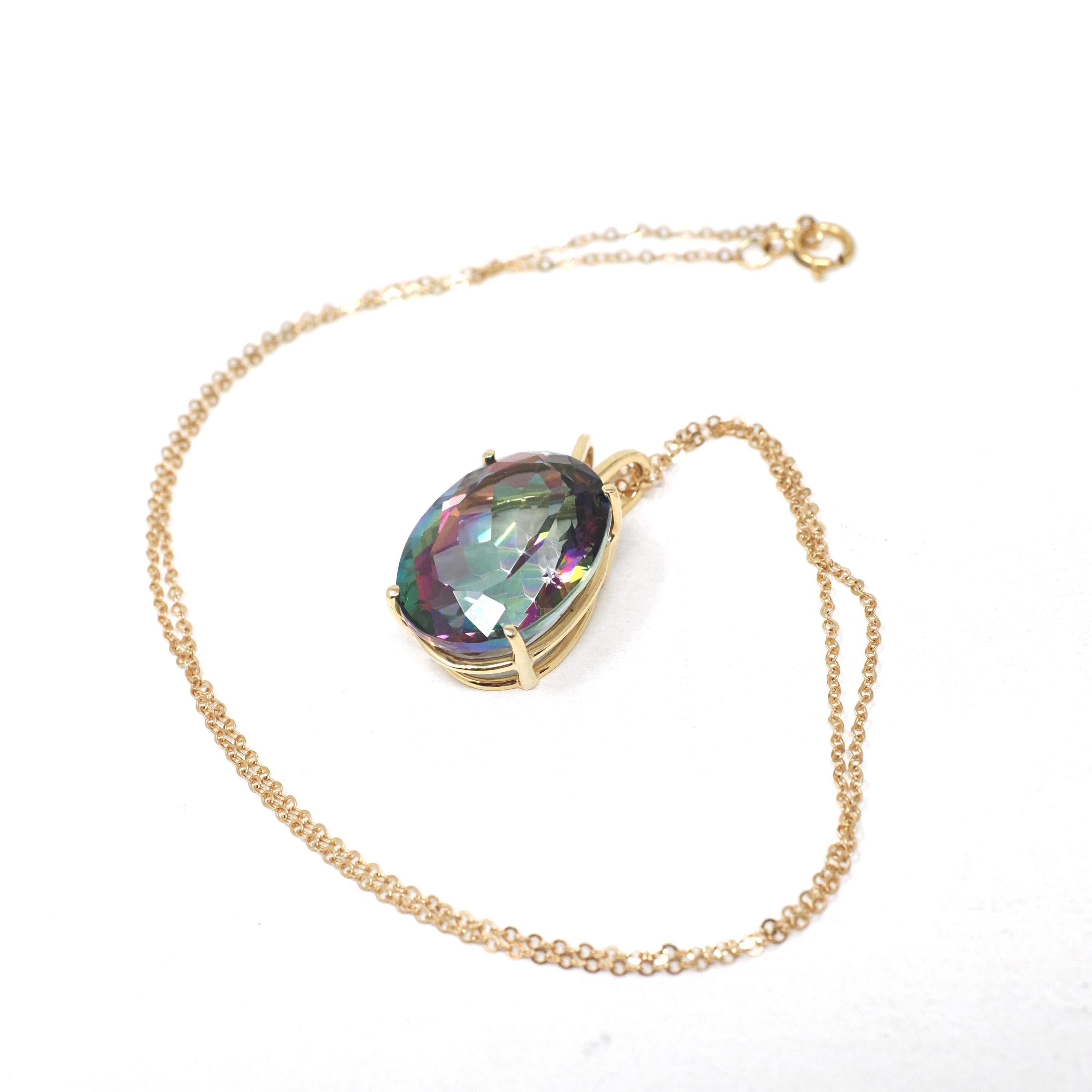 Mystic Topaz Pendant - Estate 14k Yellow Gold Oval Faceted 22.72 CT Rainbow Gem - Modern Circa 2000's Era Statement Necklace Fine Jewelry
