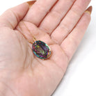 Mystic Topaz Pendant - Estate 14k Yellow Gold Oval Faceted 22.72 CT Rainbow Gem - Modern Circa 2000's Era Statement Necklace Fine Jewelry
